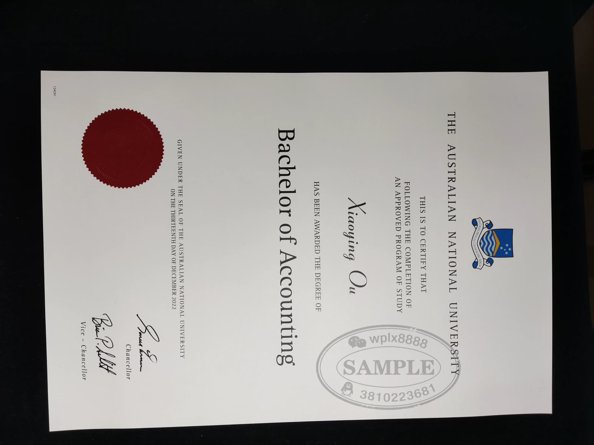澳洲国立大学会计学士学位毕业证书样本