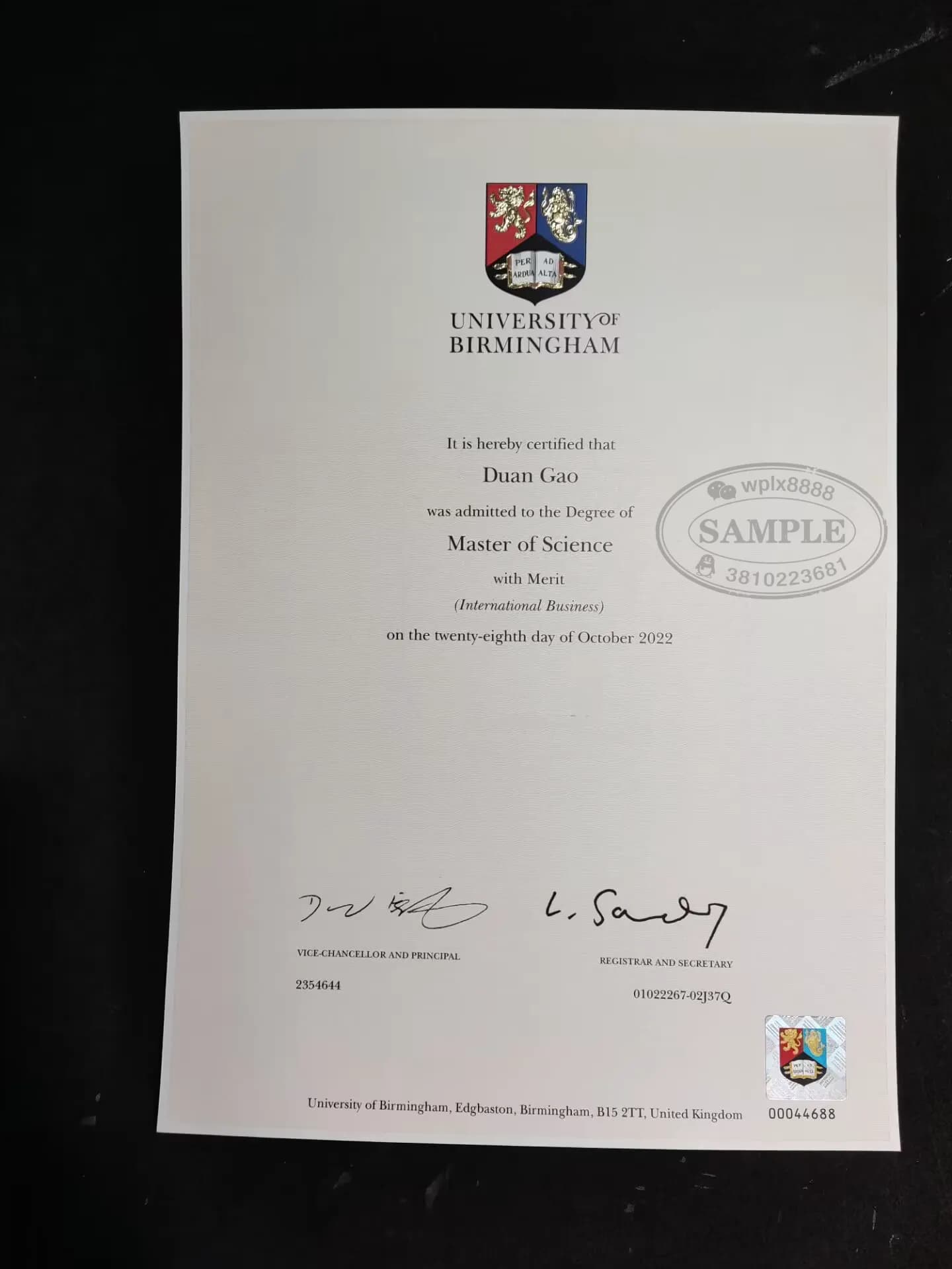 英国伯明翰大学理学硕士学位证样本与学历认证指南