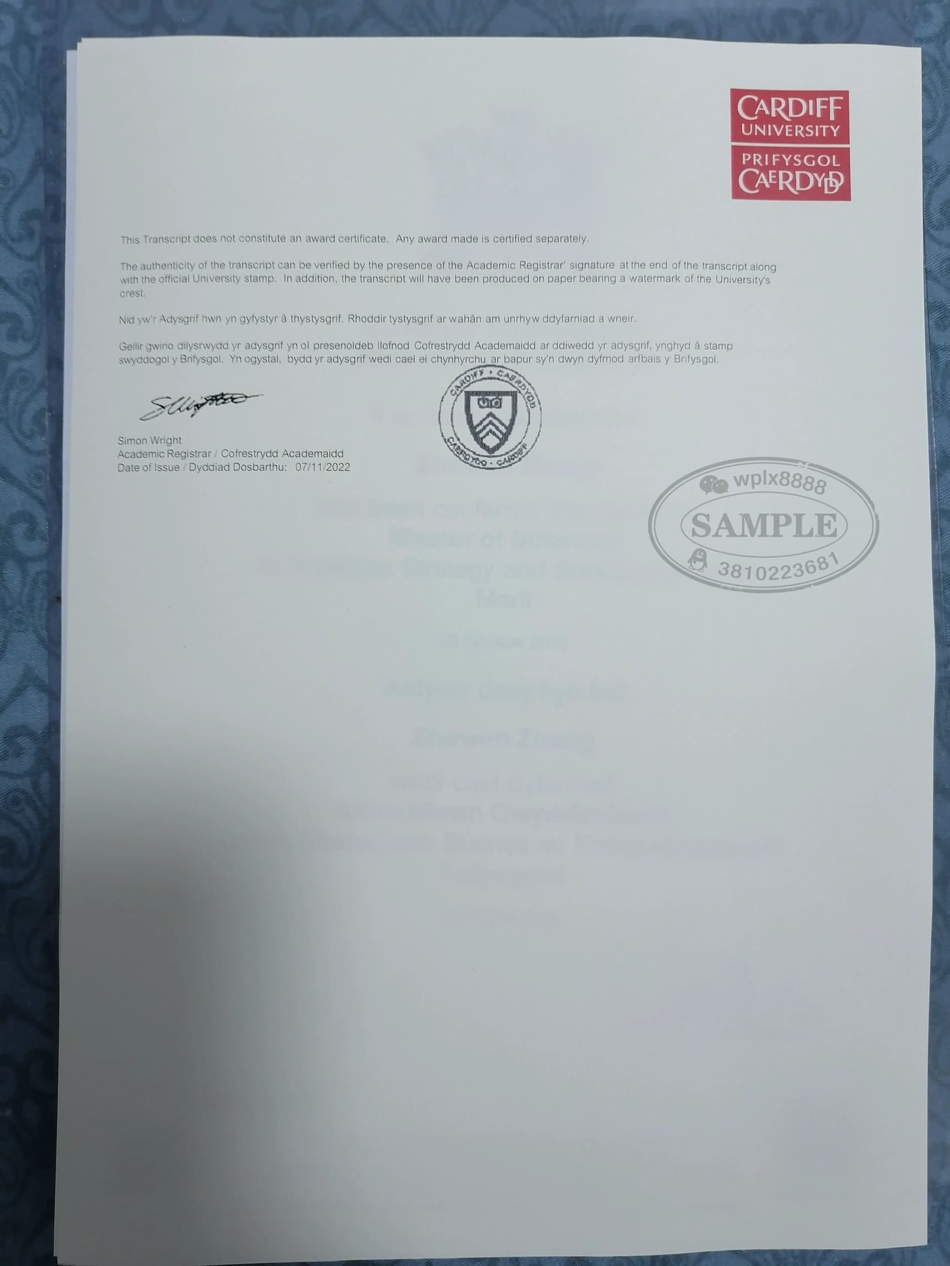 英国卡迪夫大学官方成绩单样本及学历认证重要性说明