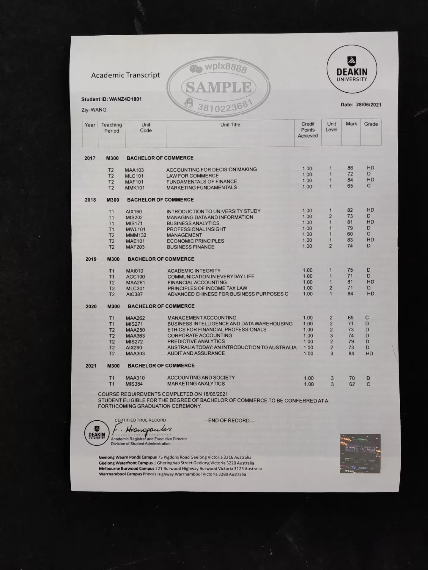 澳洲迪肯大学成绩单样本及商科学位认证指南