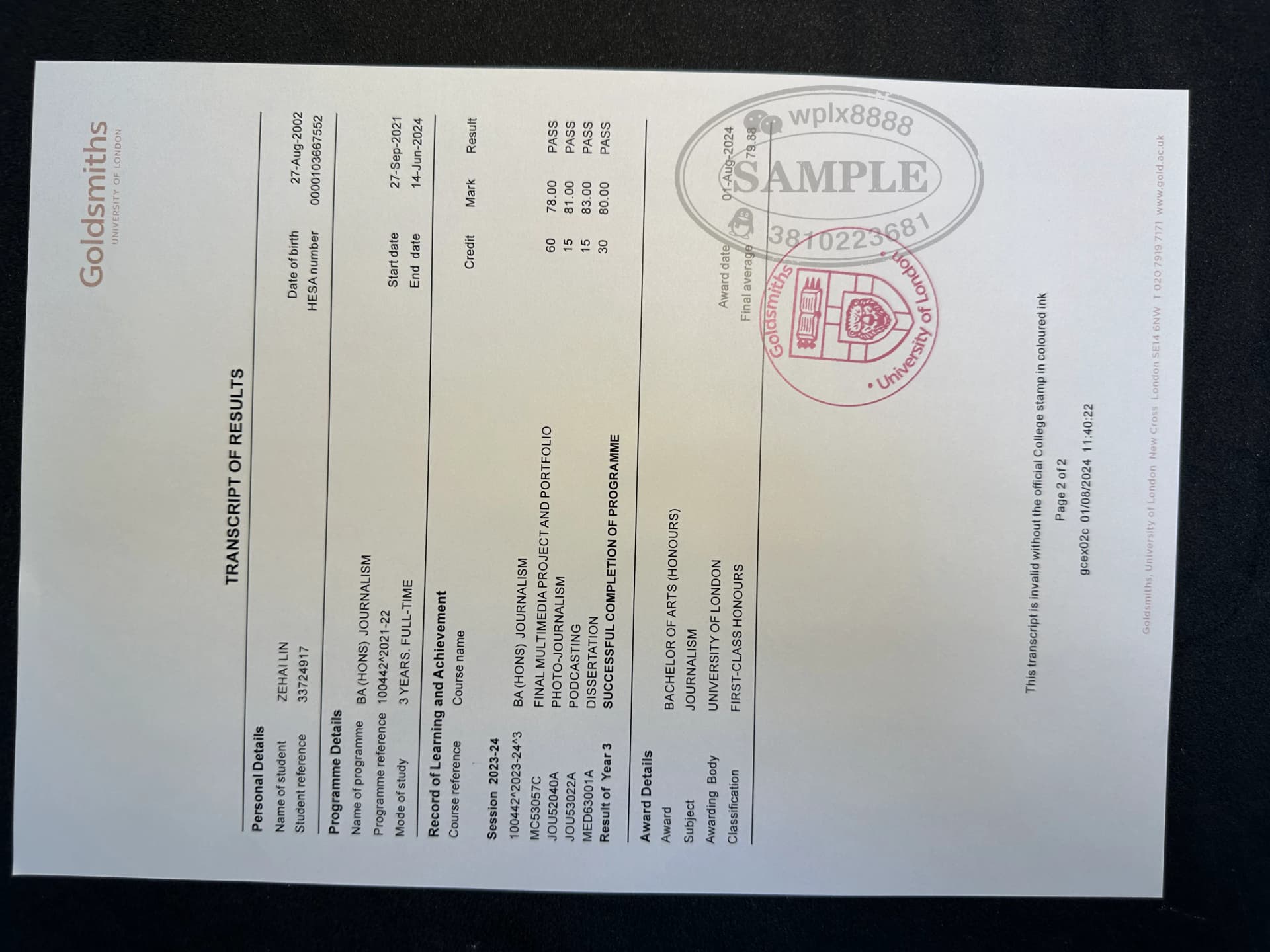 英国伦敦大学金史密斯学院成绩单官方样板