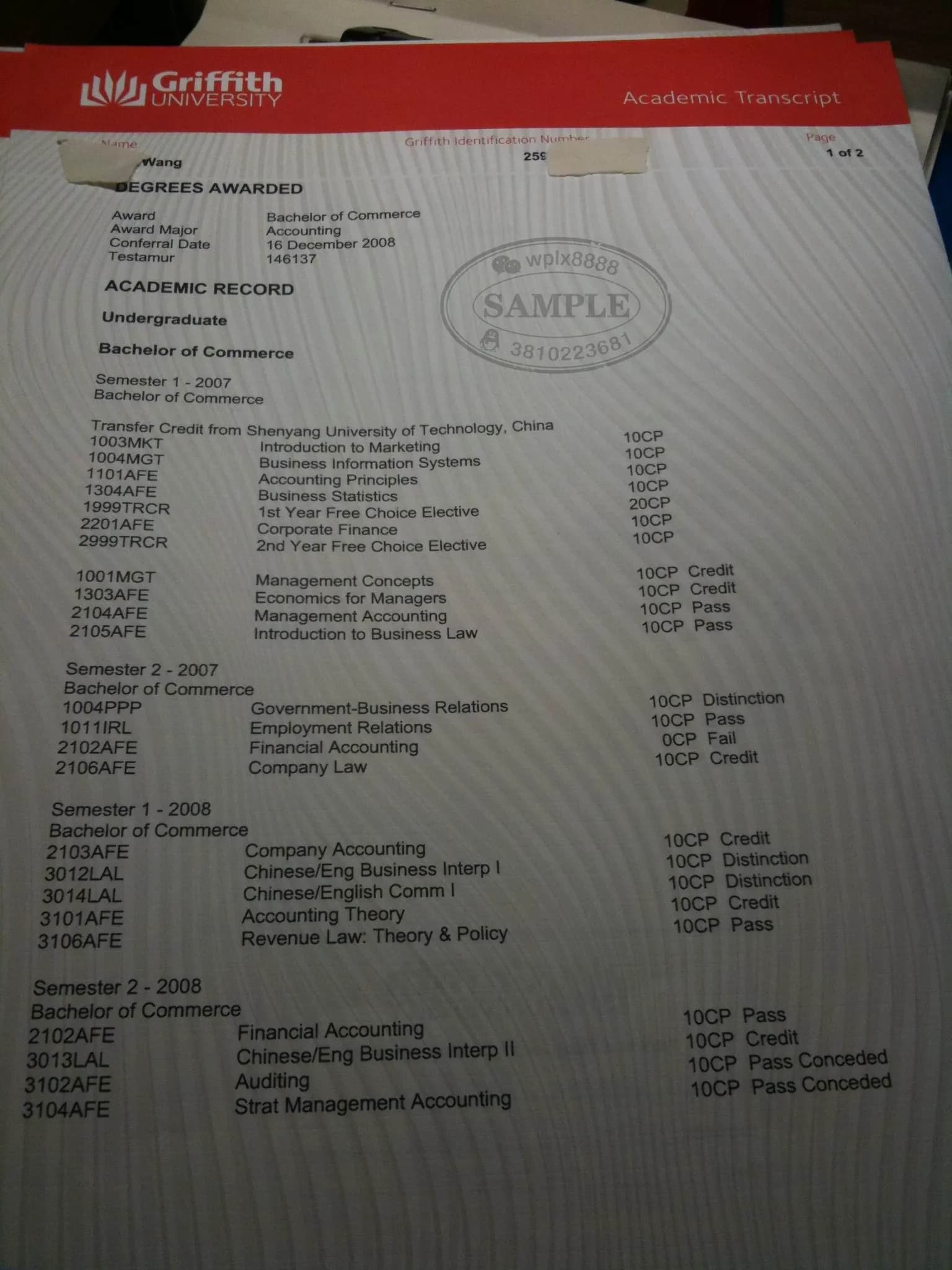 澳洲格里菲斯大学会计专业本科成绩单样本参考