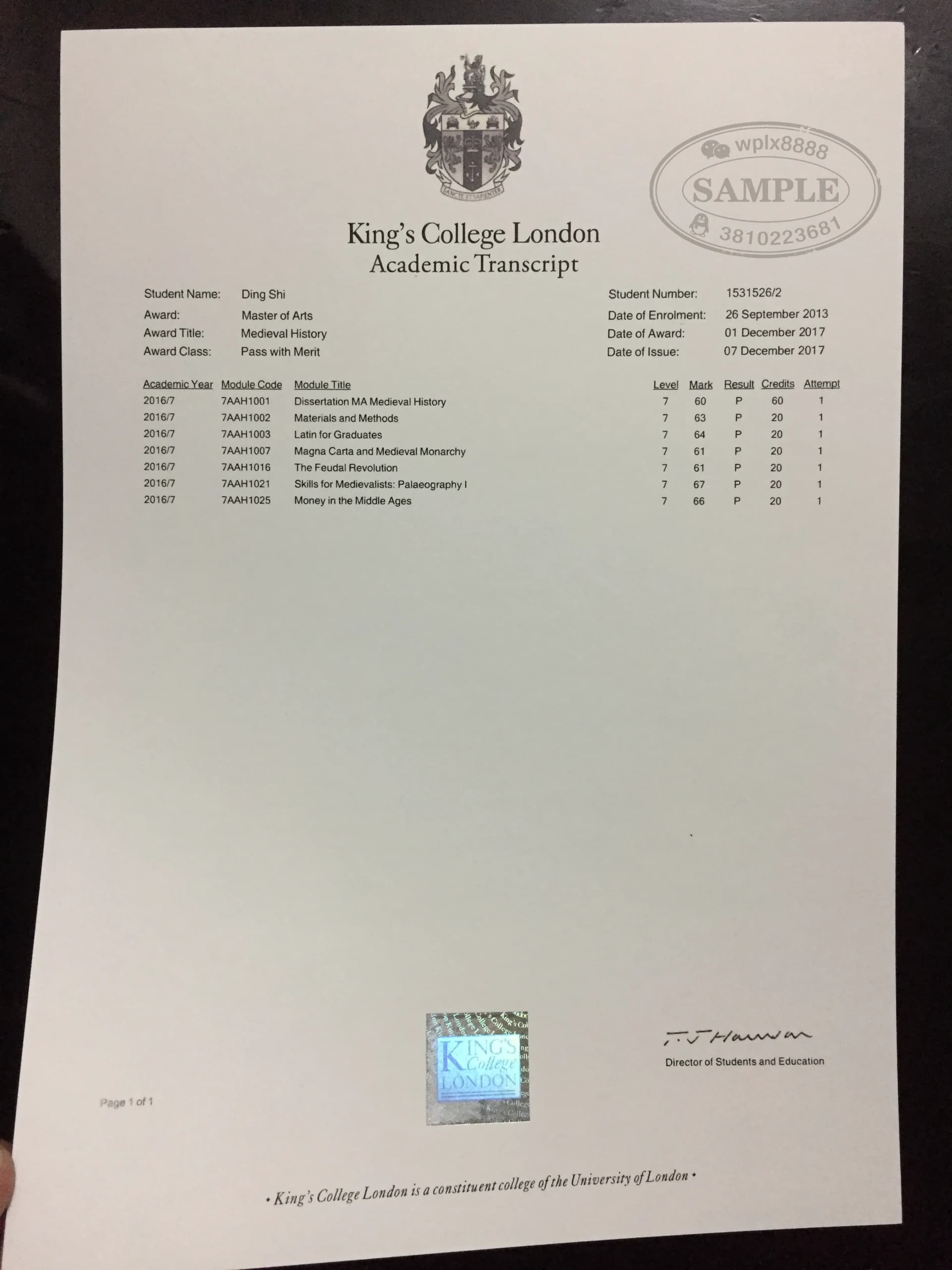 英国伦敦国王学院KCL硕士成绩单样本