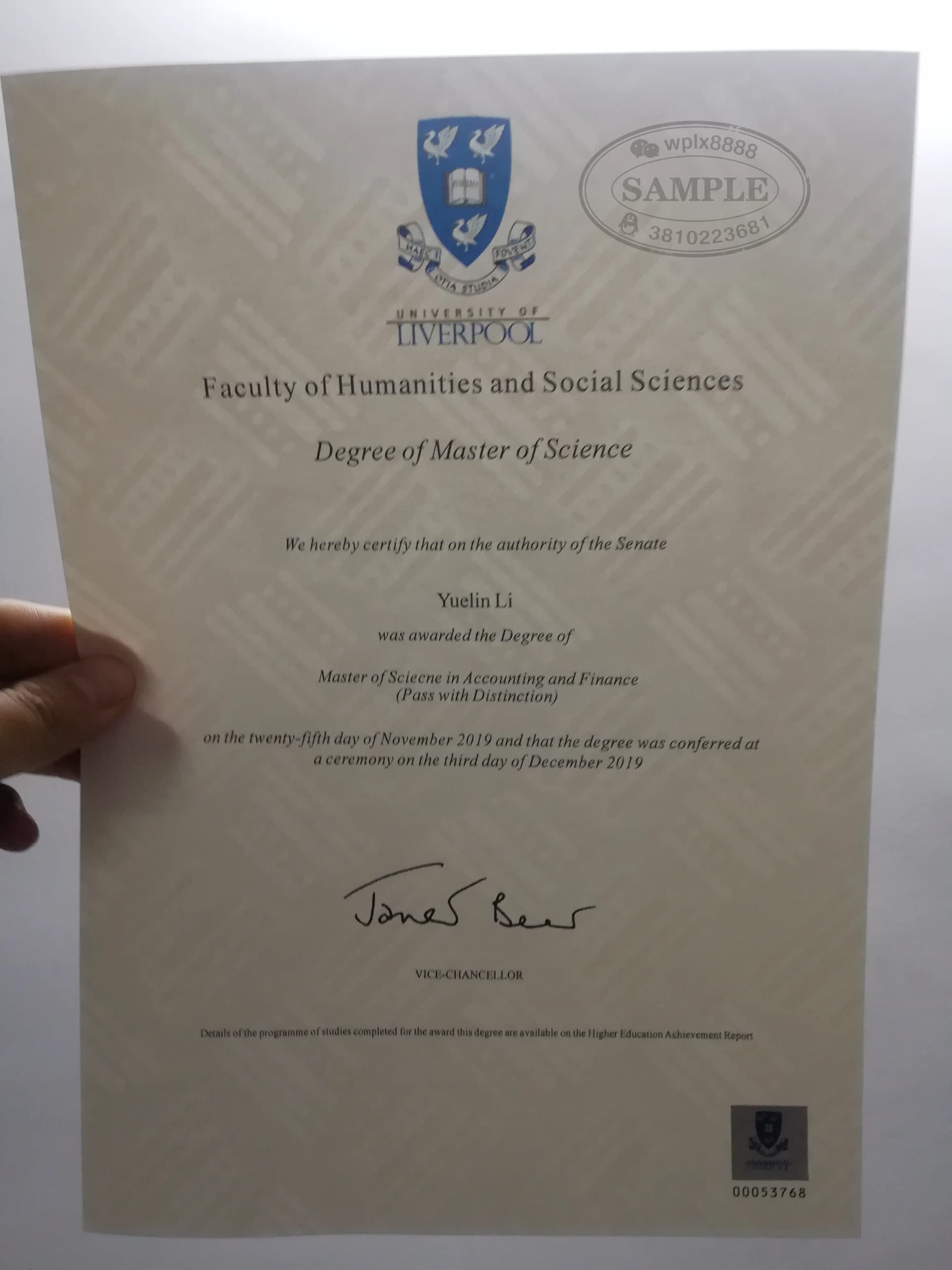 英国利物浦大学会计与金融理学硕士学位证防伪细节参考
