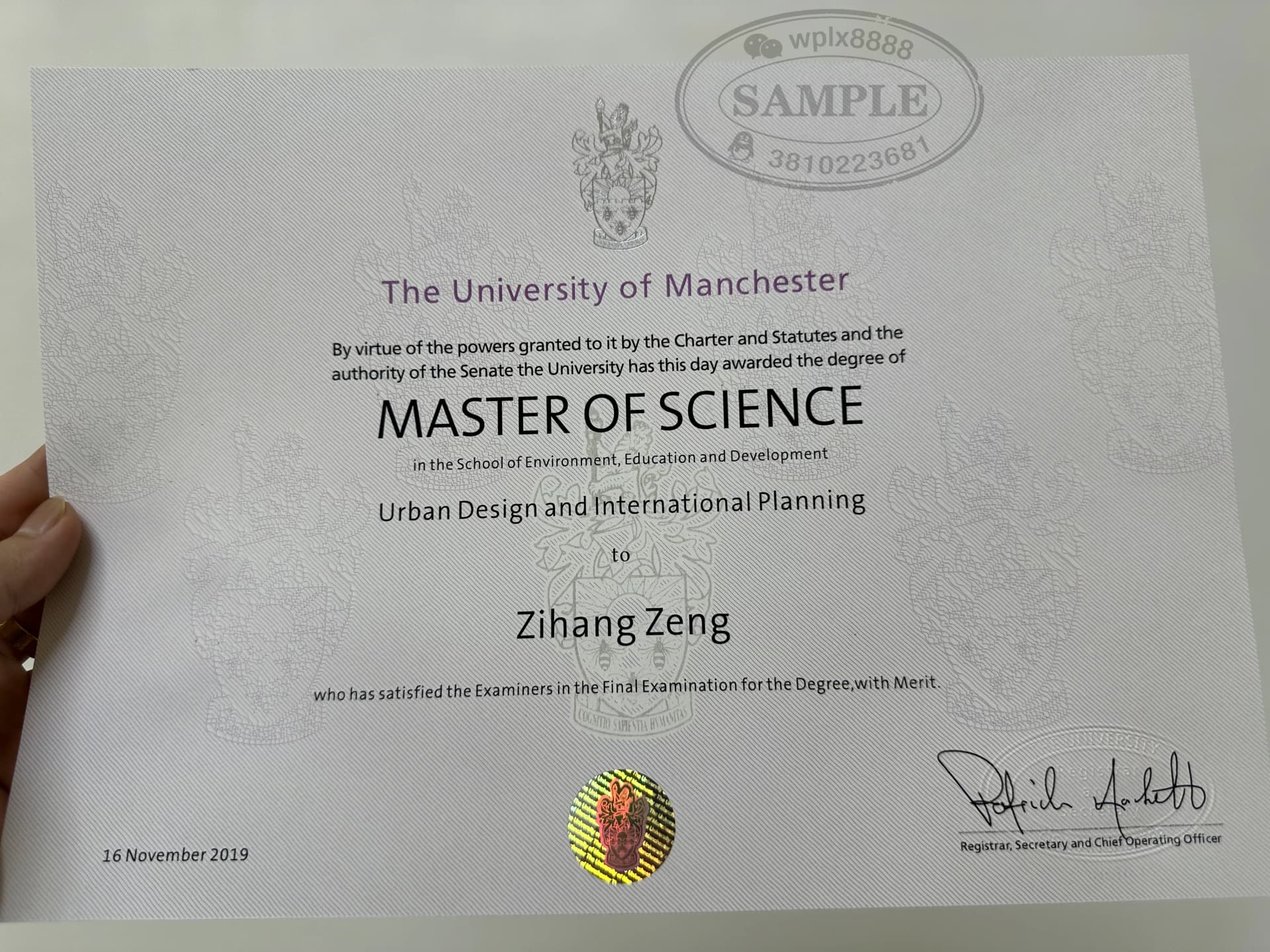 英国曼彻斯特大学城市设计与国际规划理学硕士学位证样本