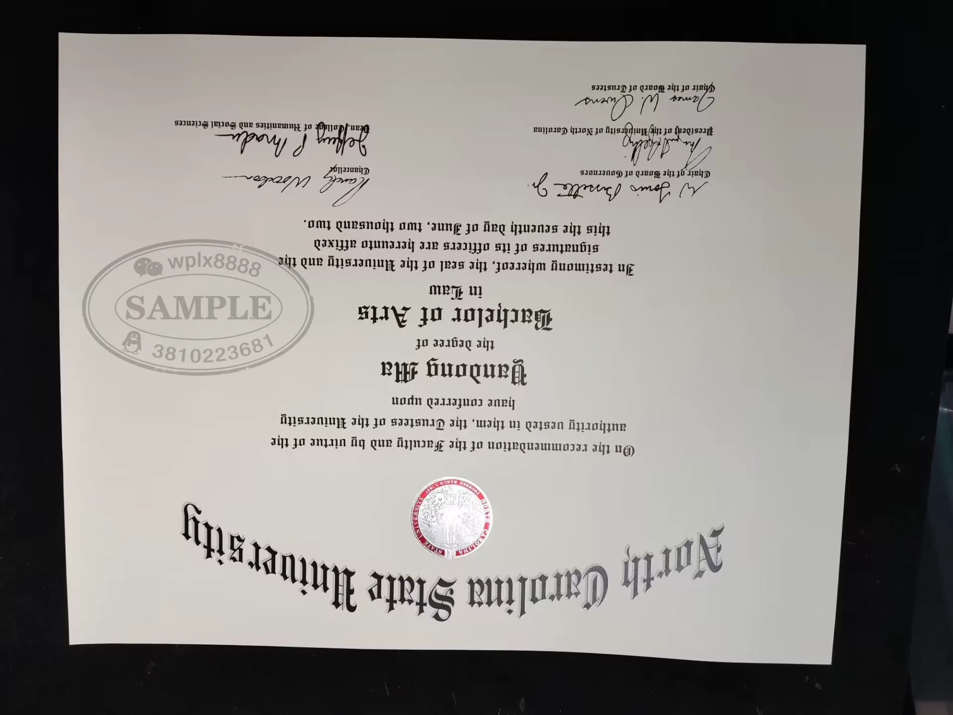 美国北卡罗莱纳州立大学毕业证样本及法学学士学位参考