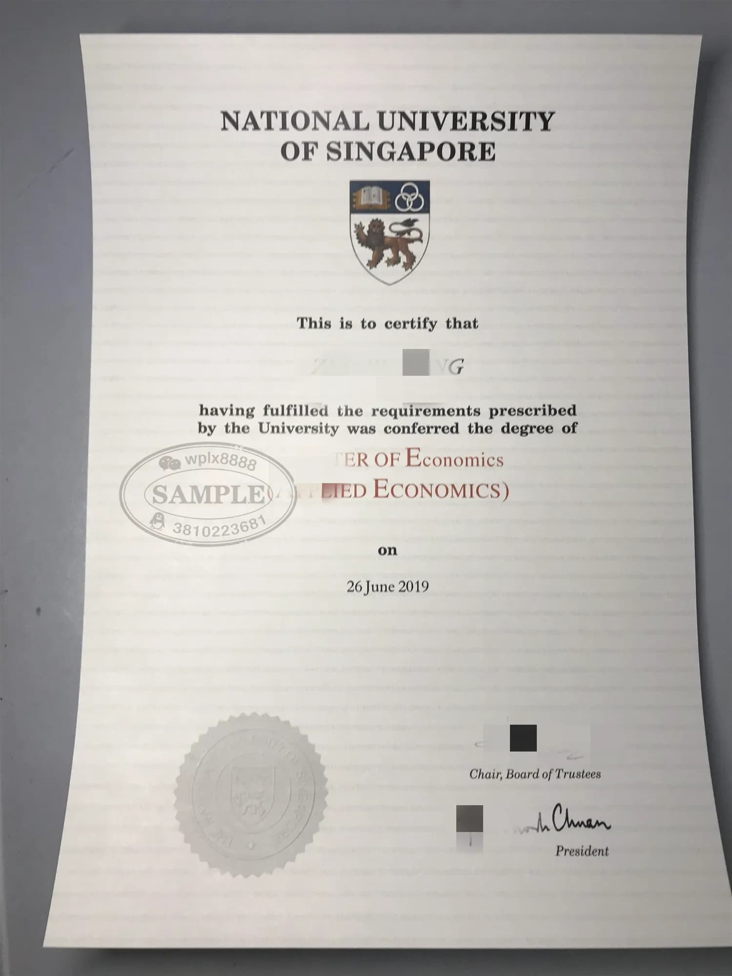 新加坡国立大学经济学硕士学位证书样本