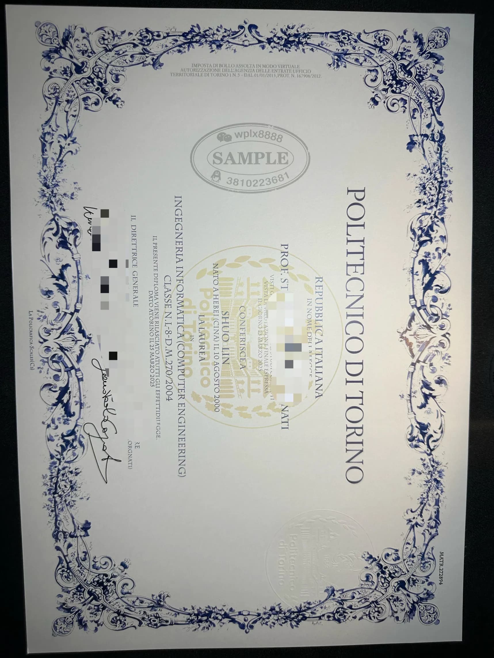 意大利都灵理工大学计算机工程学位证书认证样本