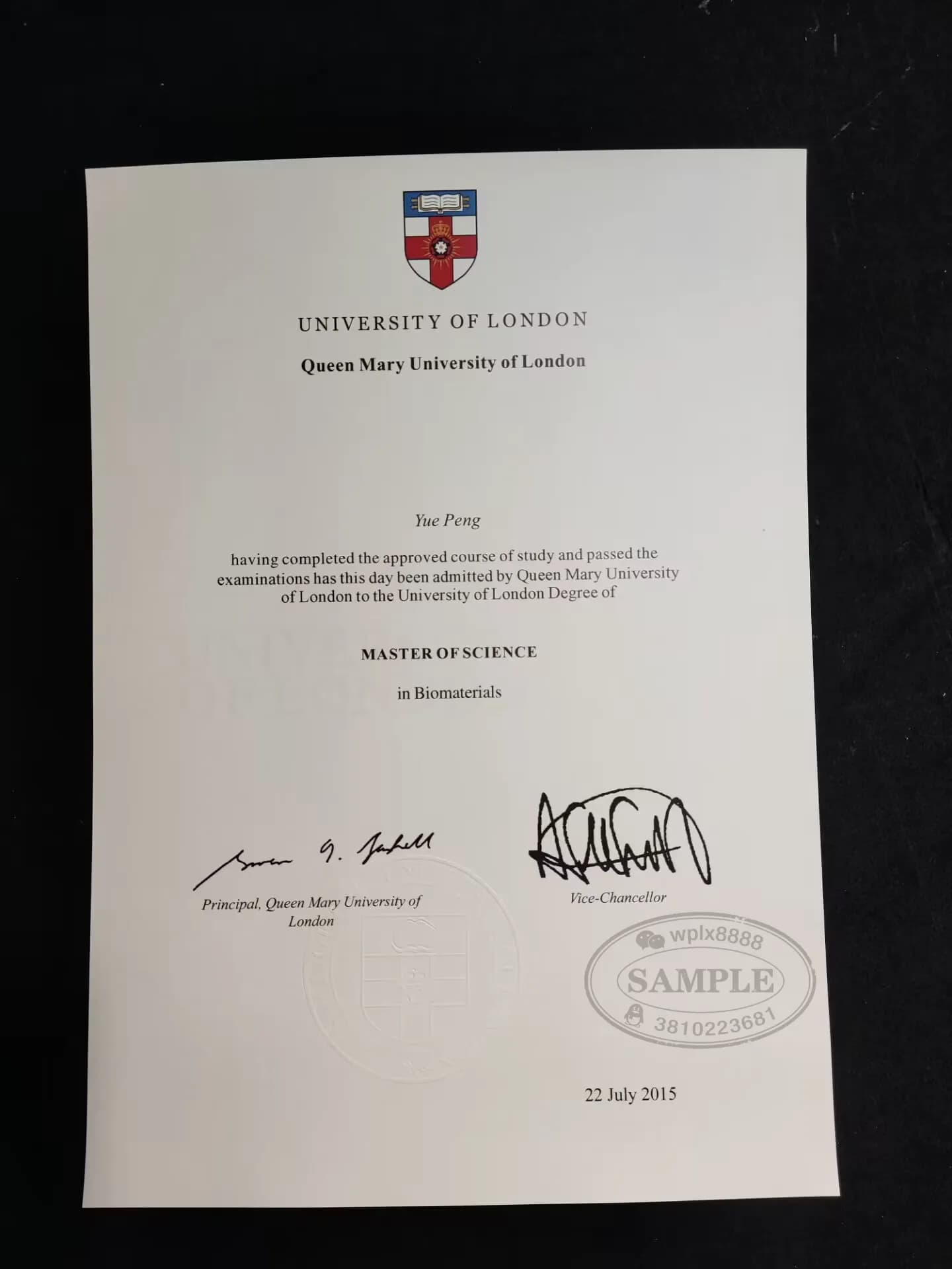英国伦敦玛丽女王大学硕士毕业证学位证样本