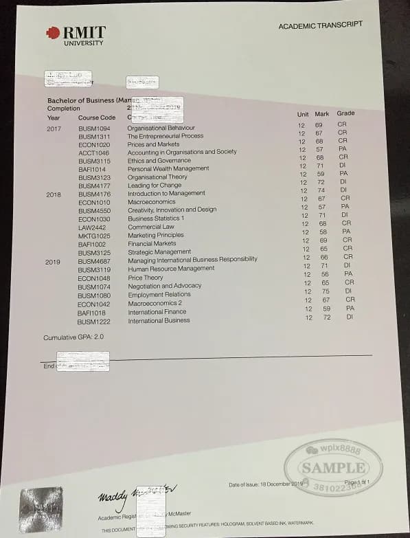 澳洲皇家墨尔本理工大学RMIT成绩单样本及学历认证参考