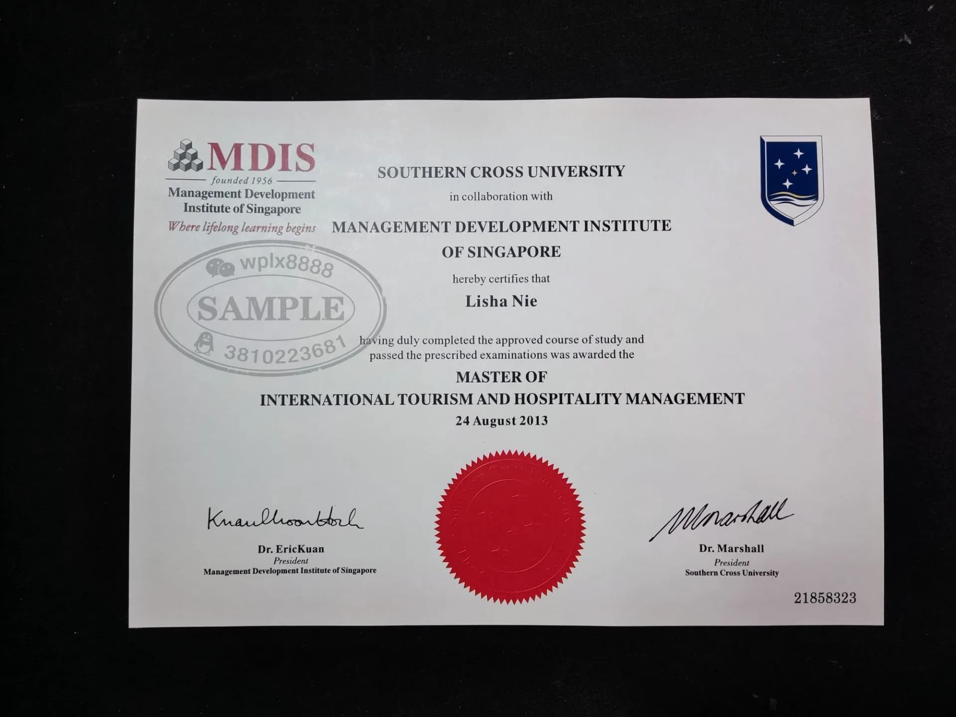 新加坡MDIS管理学院与澳洲南十字星大学硕士学位证书案例