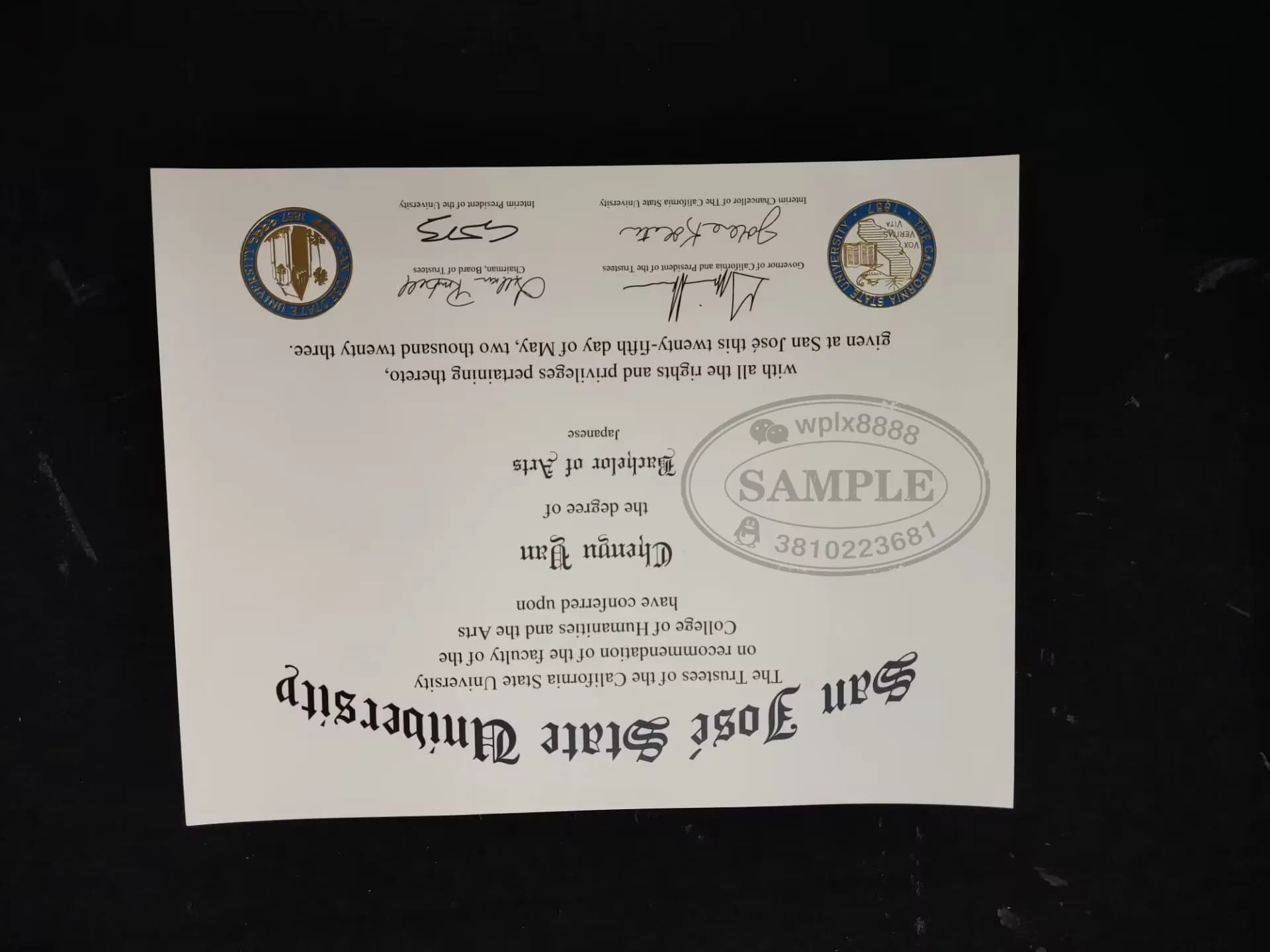 美国圣何塞州立大学SJSU毕业证书学位证办理案例