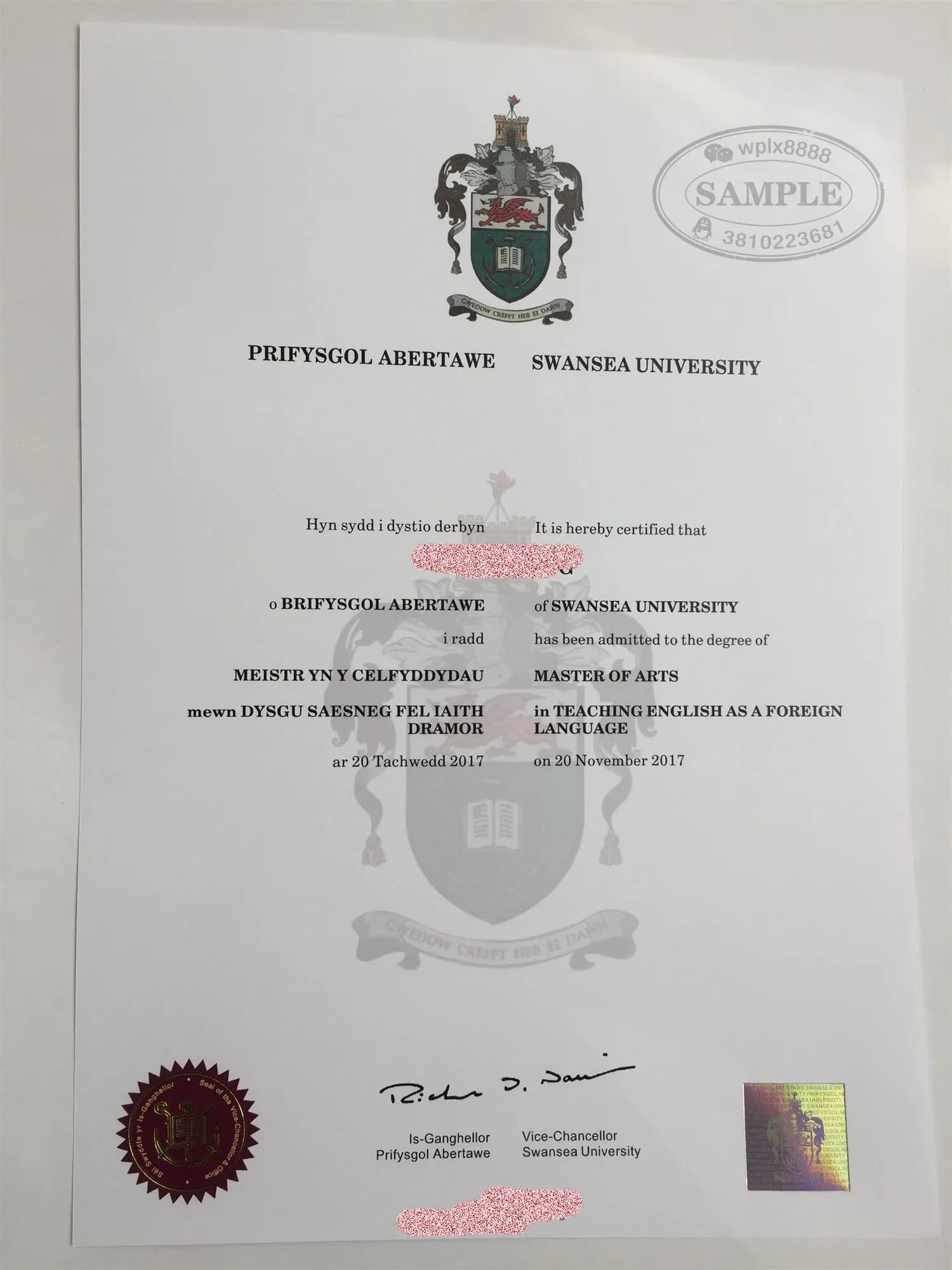 英国斯旺西大学硕士毕业证原版样本参考