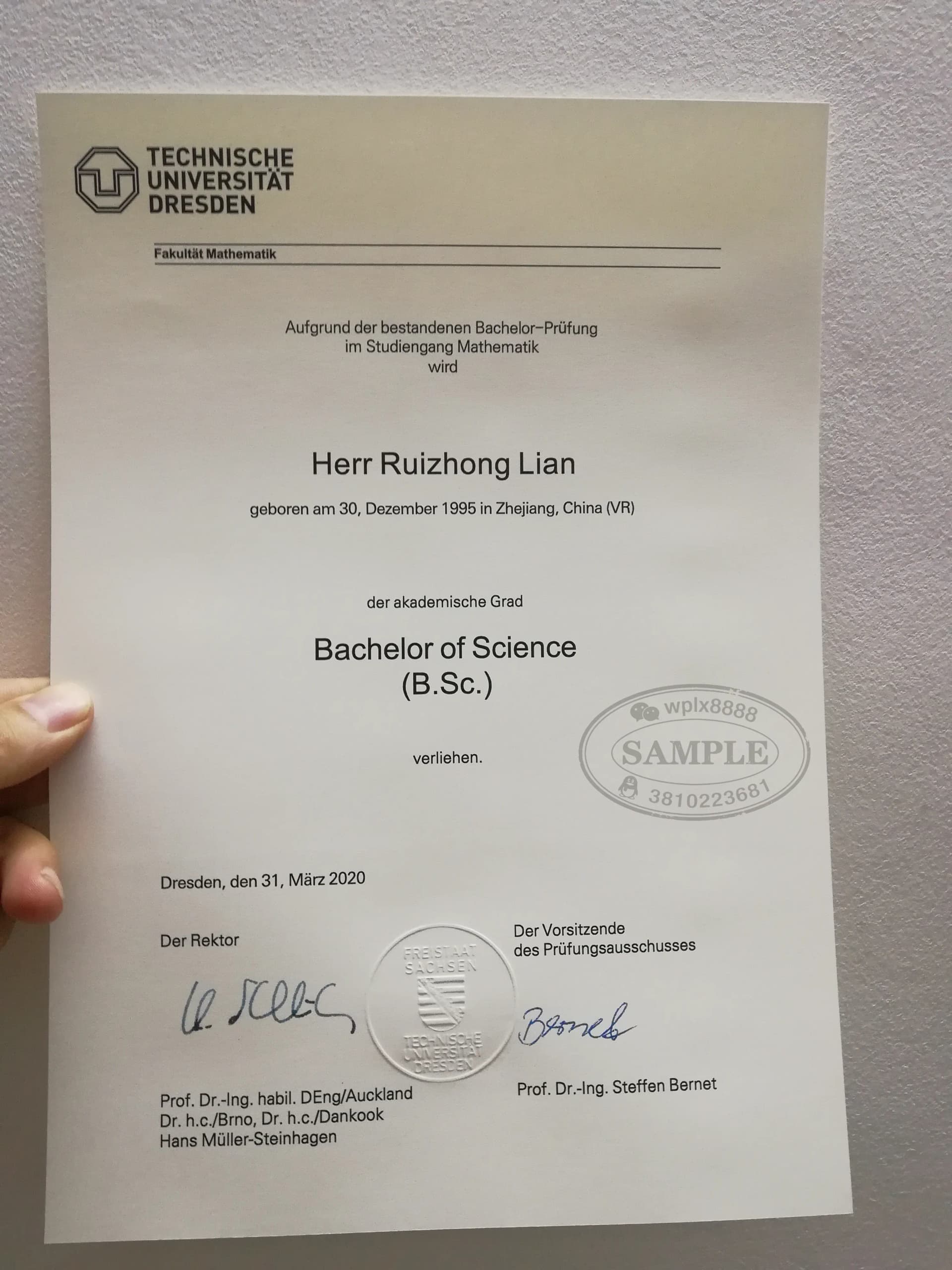 德国德累斯顿工业大学数学专业理学学士学位证书样本