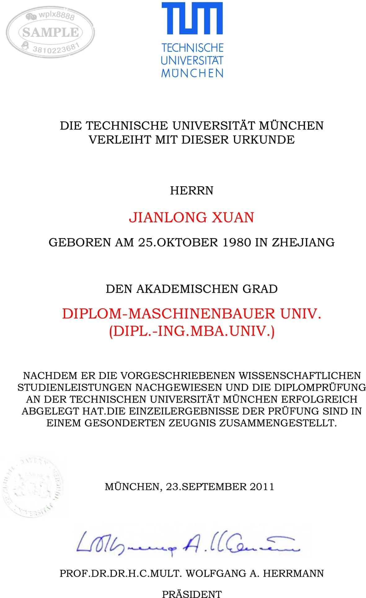 德国慕尼黑工业大学机械工程硕士学位证书案例