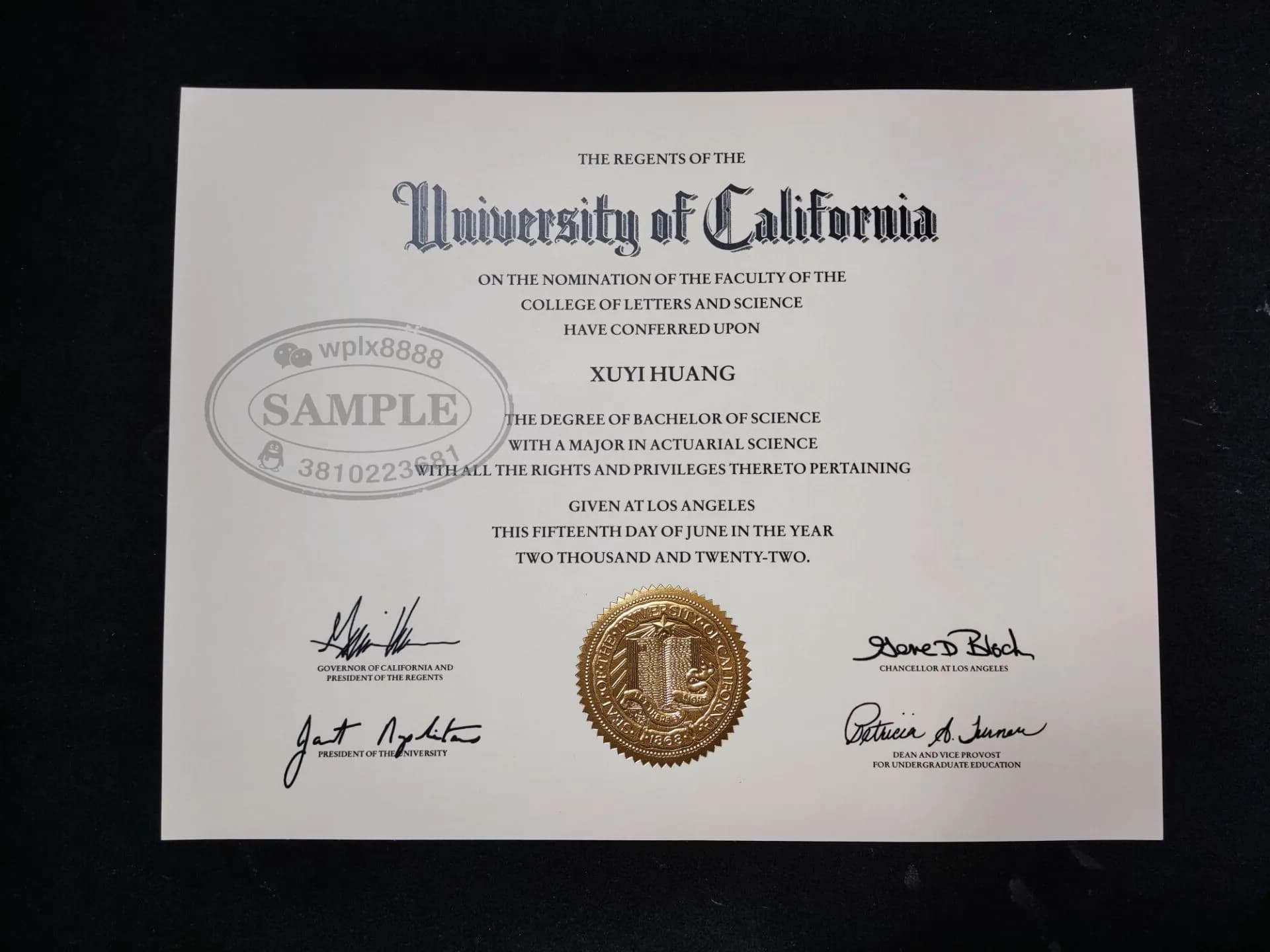 美国加州大学洛杉矶分校UCLA毕业证学位证参考样本