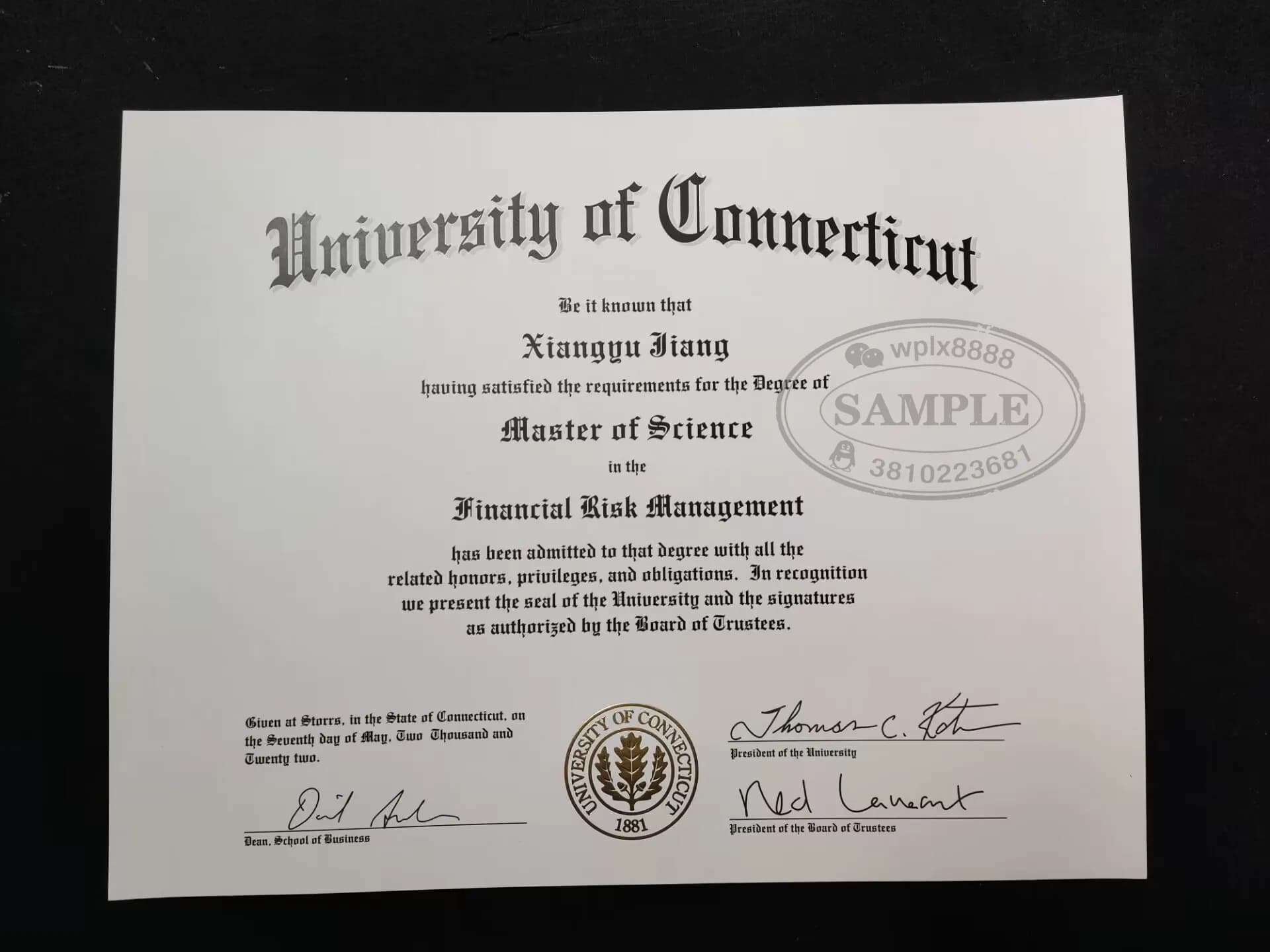 美国康涅狄格大学硕士毕业证样本 | UConn金融风险管理学位证办理