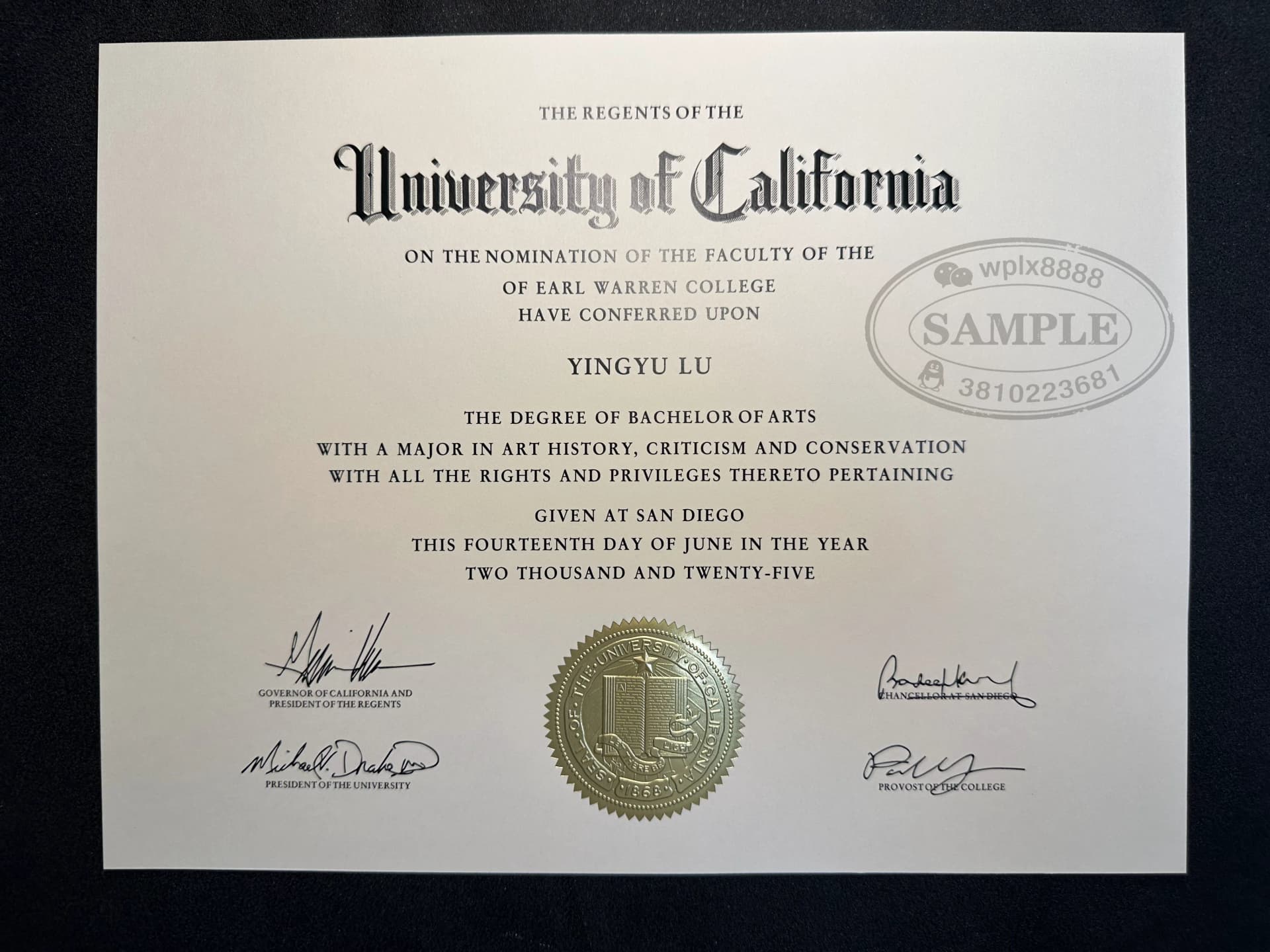 美国加州大学圣地亚哥分校UCSD学位证书样本