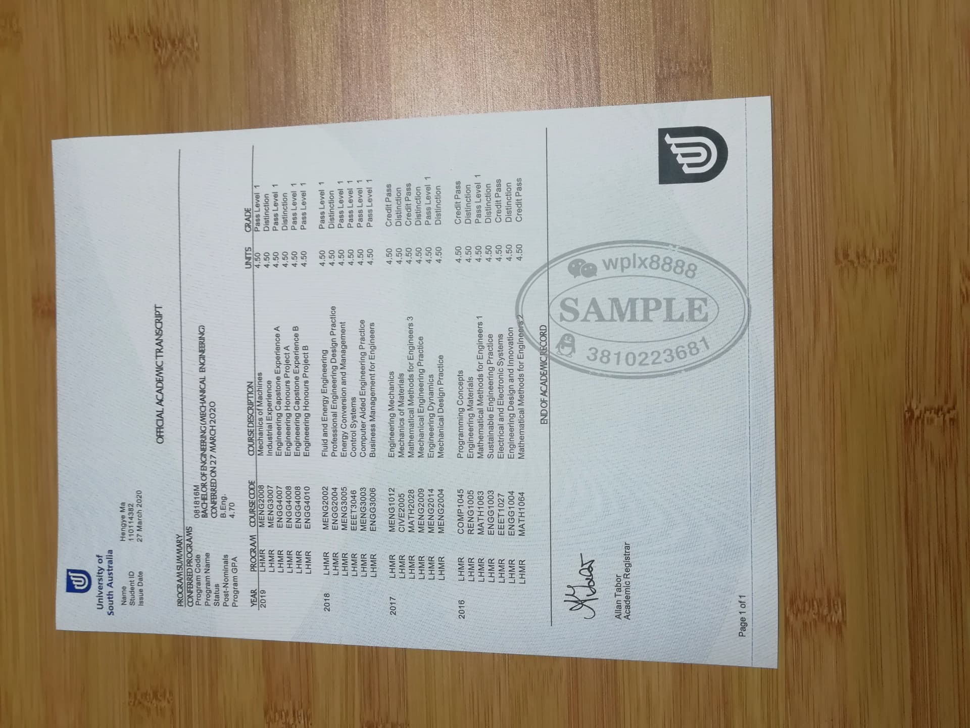 澳洲南澳大学UniSA成绩单样本及学历认证办理参考