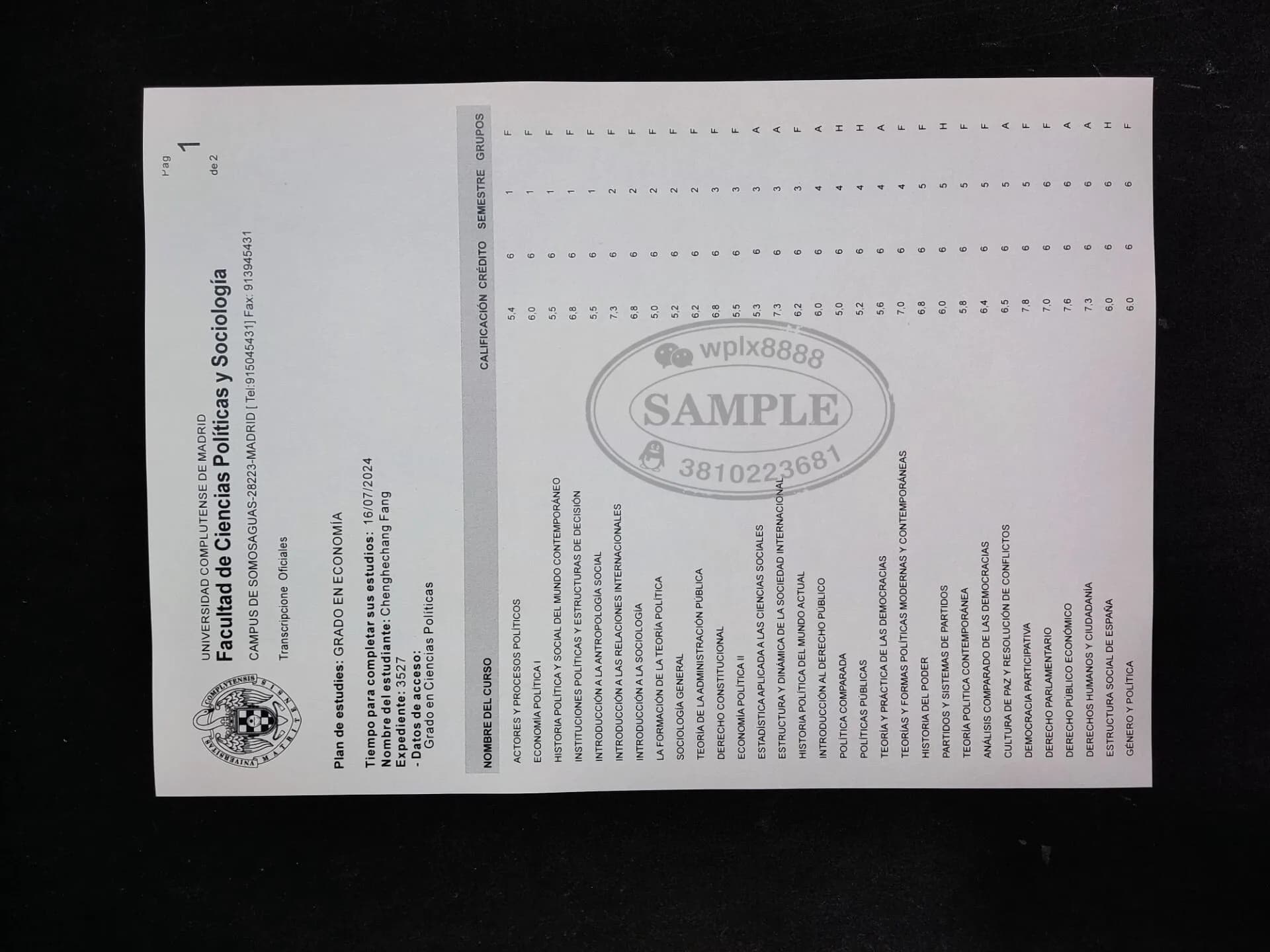 西班牙马德里康普顿斯大学官方成绩单样本