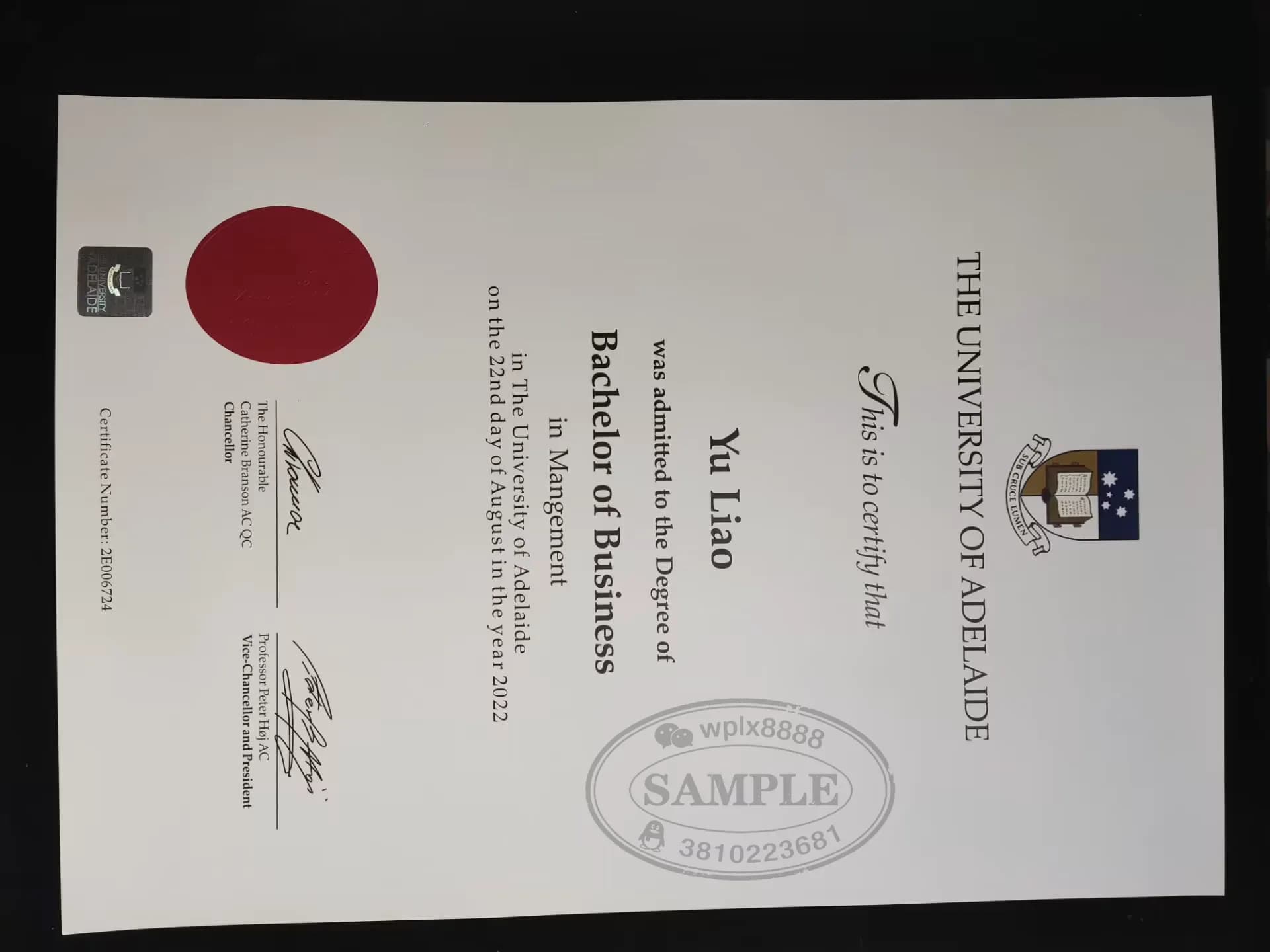 澳洲阿德莱德大学商学士学位证书案例