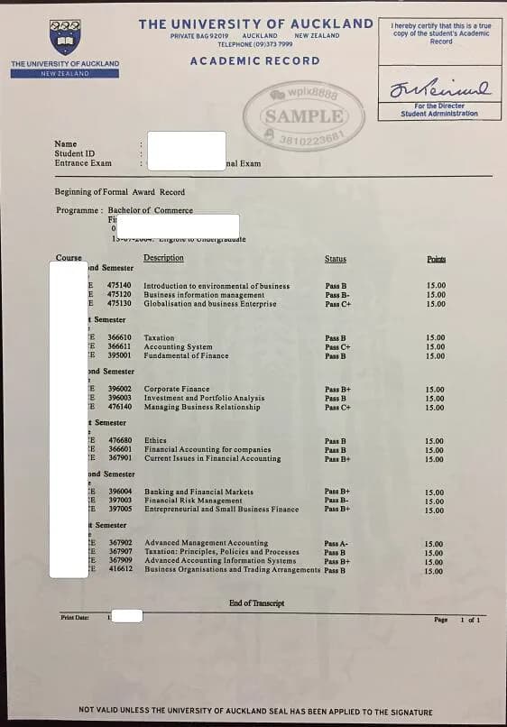 新西兰奥克兰大学成绩单官方样本及学历认证参考