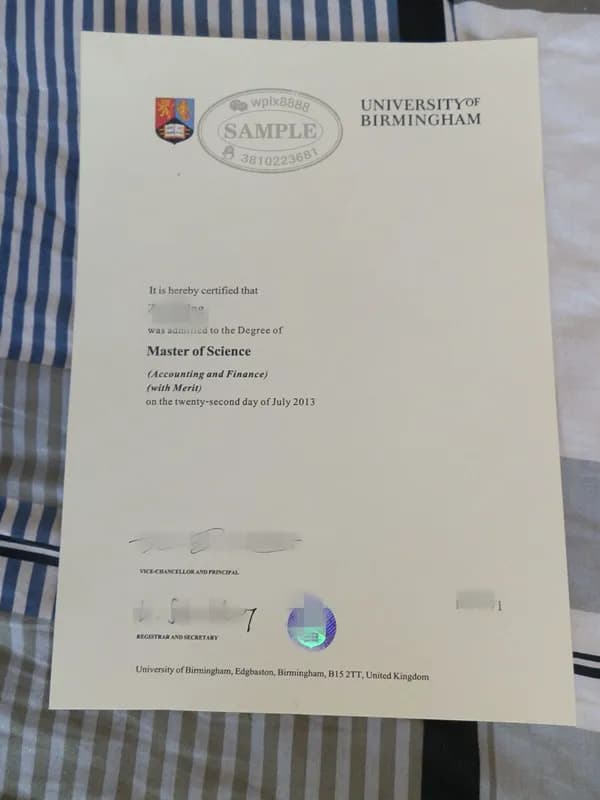 英国伯明翰大学会计与金融硕士学位证书样本