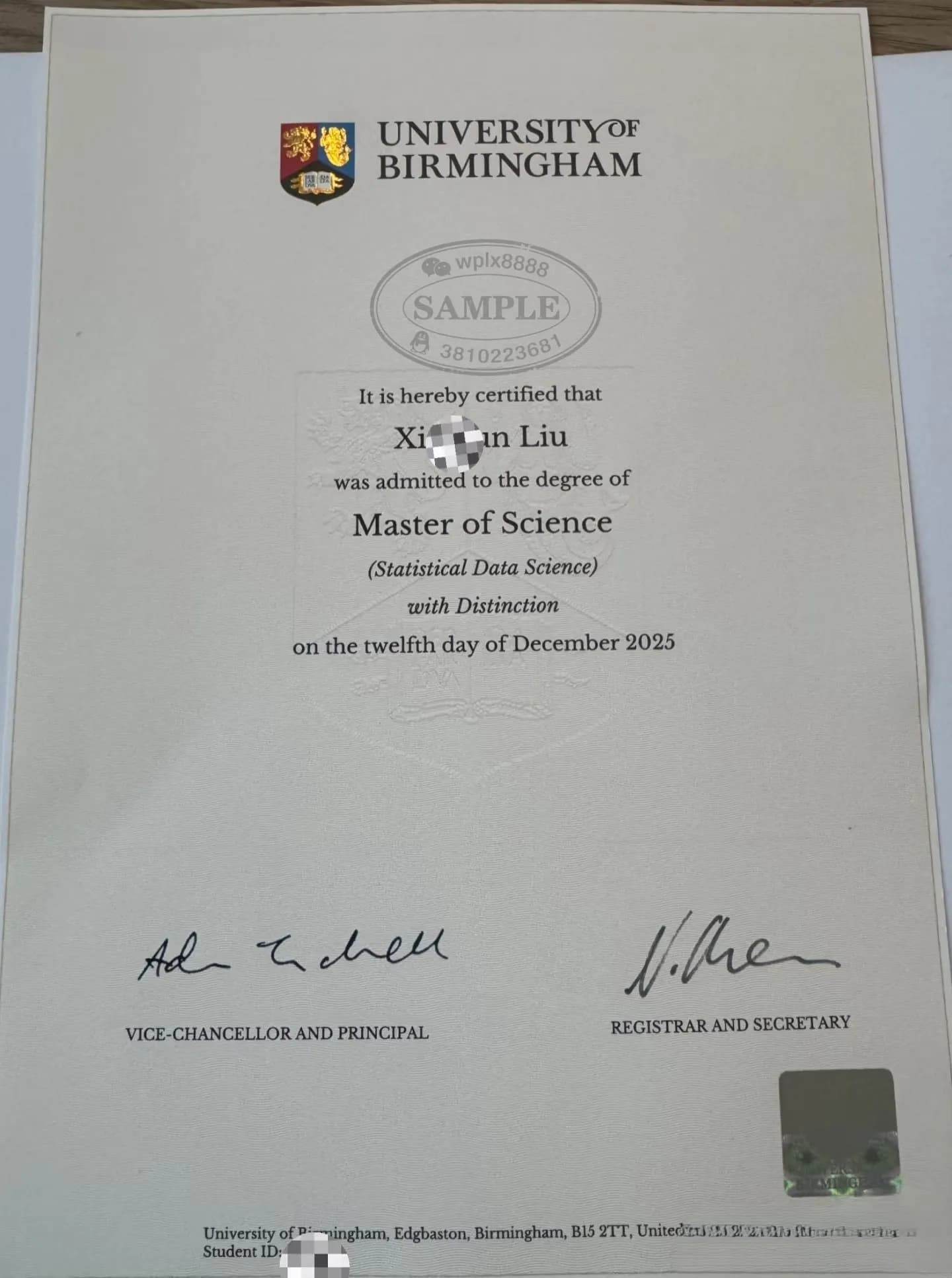 英国伯明翰大学理学硕士学位证书案例 (统计数据科学)