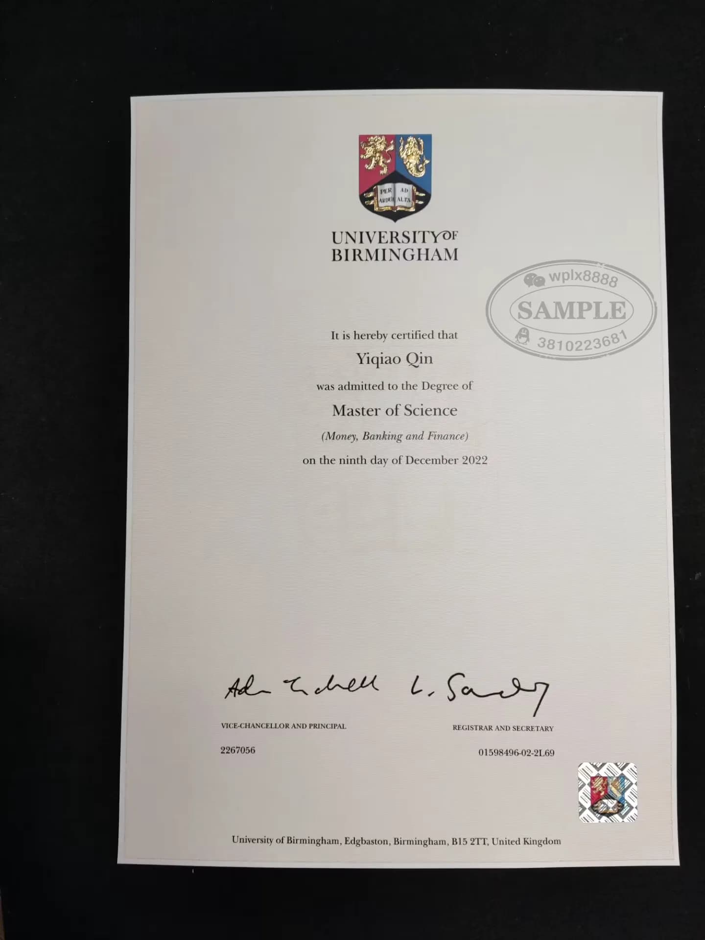 英国伯明翰大学理学硕士学位证书案例
