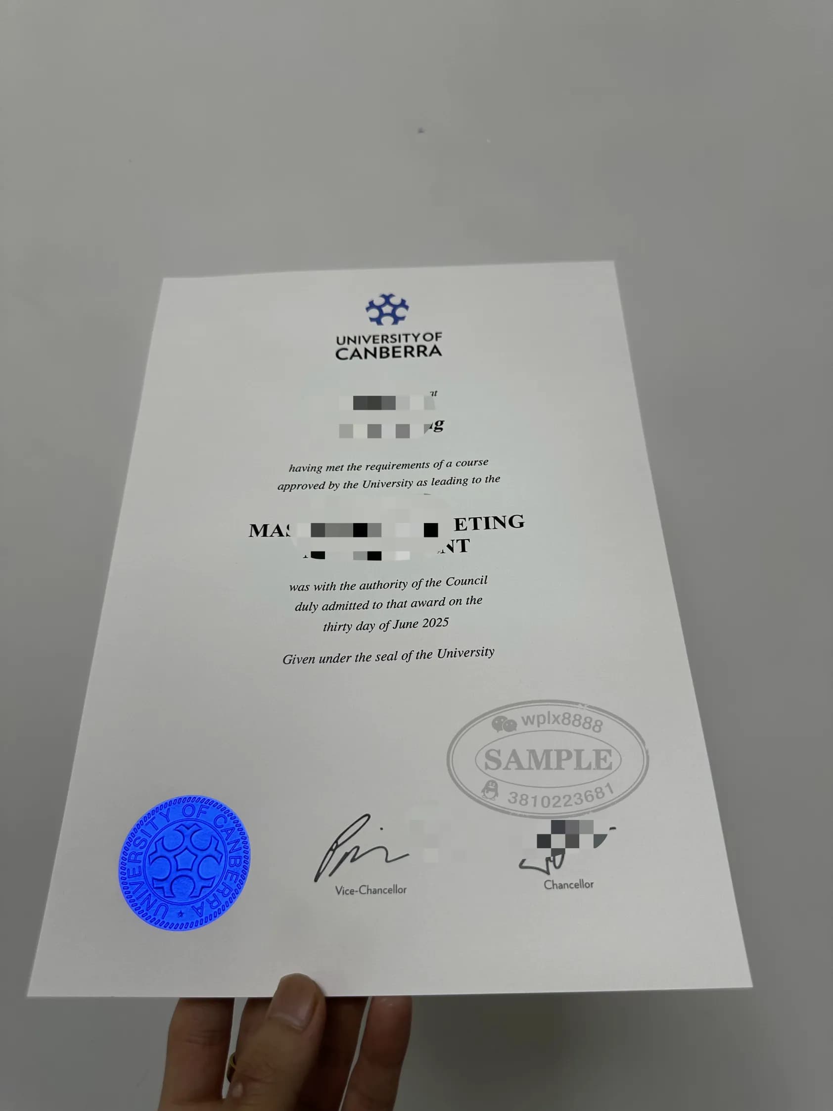 澳洲堪培拉大学市场营销管理硕士学位证书样本