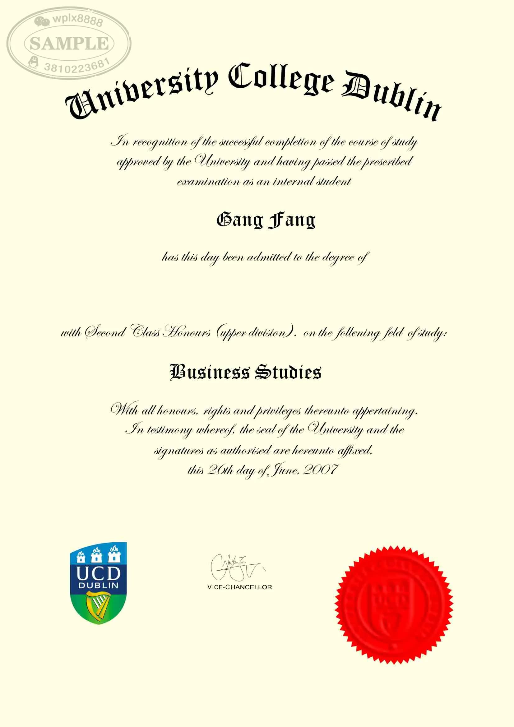 爱尔兰都柏林大学学院UCD商科毕业证学位证样本参考