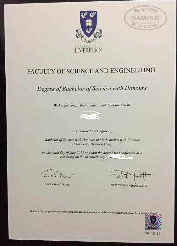 英国利物浦大学数学与金融专业理学学士学位证书样本