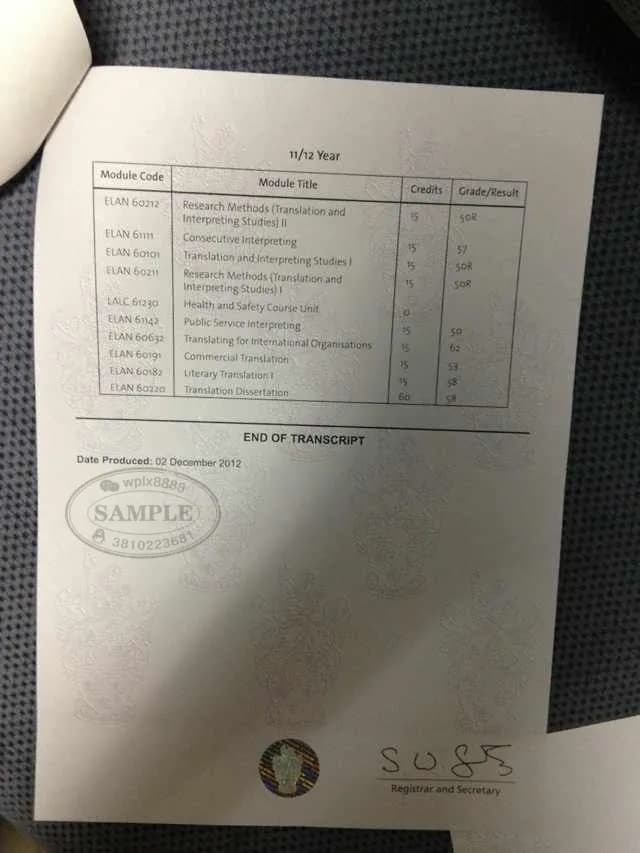 英国曼彻斯特大学翻译专业原版成绩单参考样本