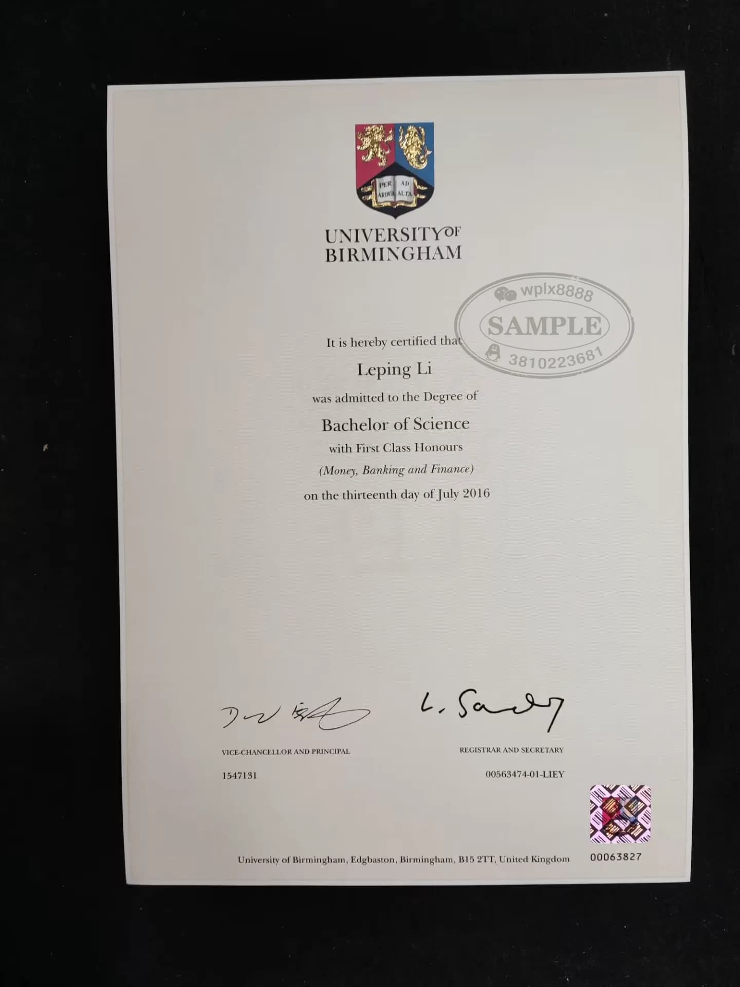 英国伯明翰大学毕业证样本：理学学士学位证书(金融专业)