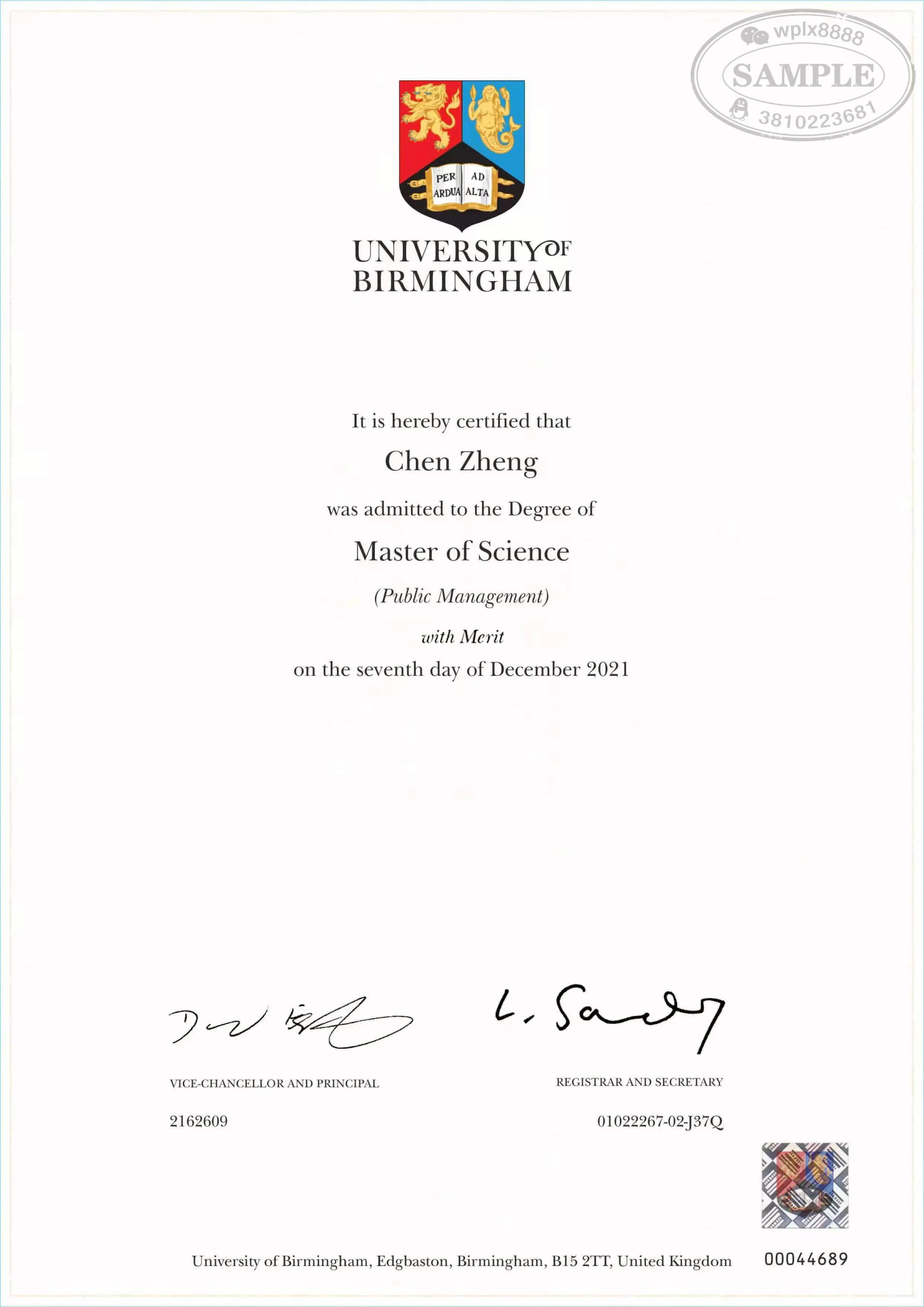 英国伯明翰大学公共管理理学硕士学位证书案例