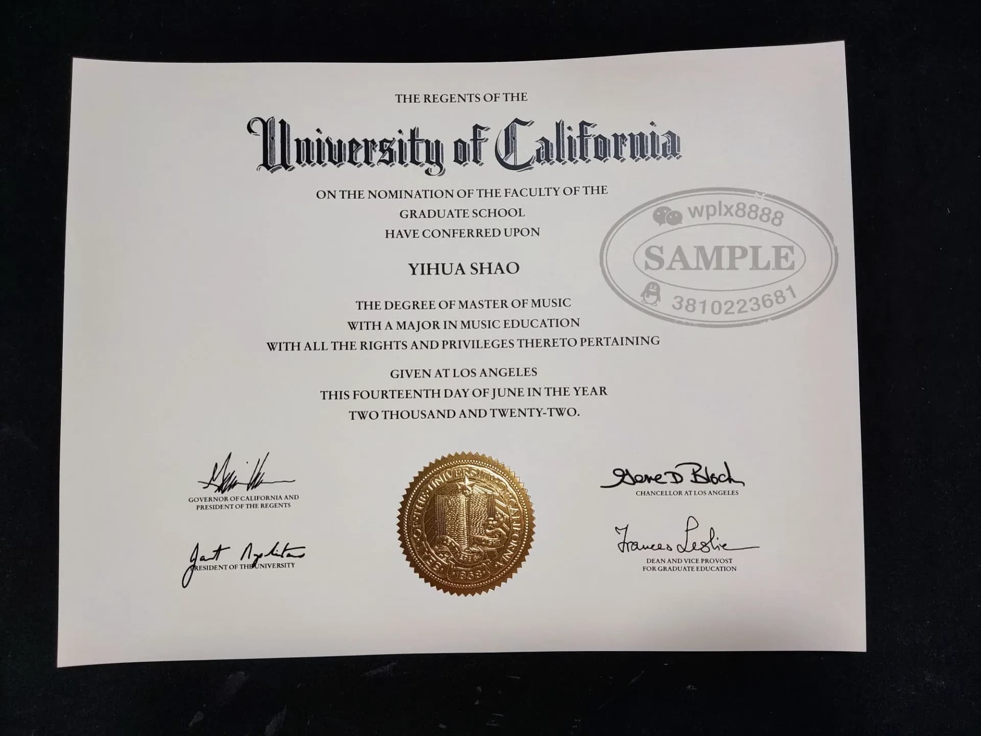美国加州大学洛杉矶分校UCLA硕士毕业证学位证样本