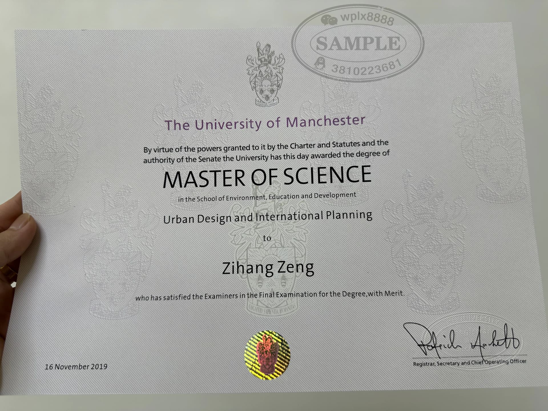 英国曼彻斯特大学城市设计与国际规划硕士学位证书样本