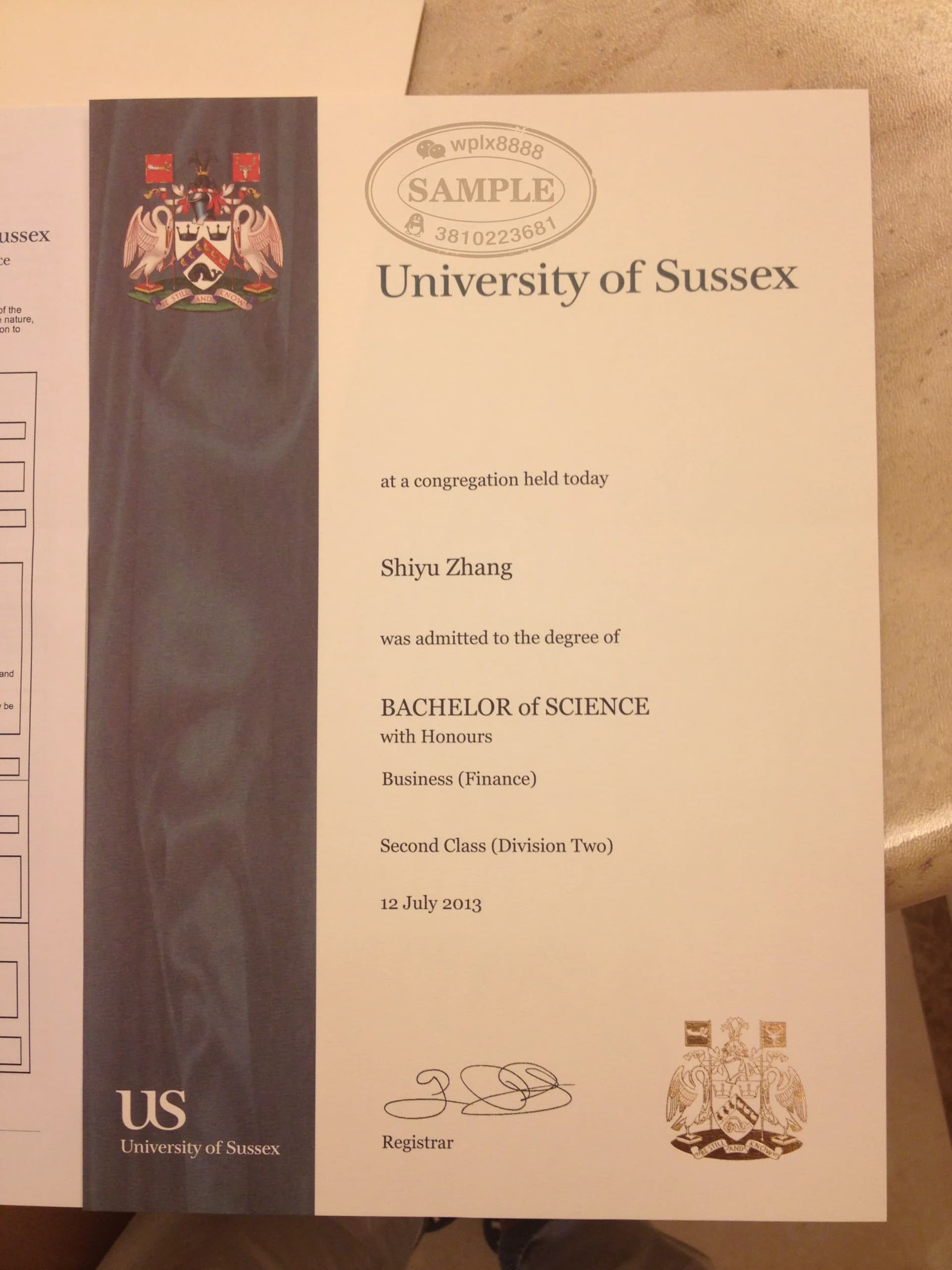 英国萨塞克斯大学毕业证样本：商业金融理学学士学位案例