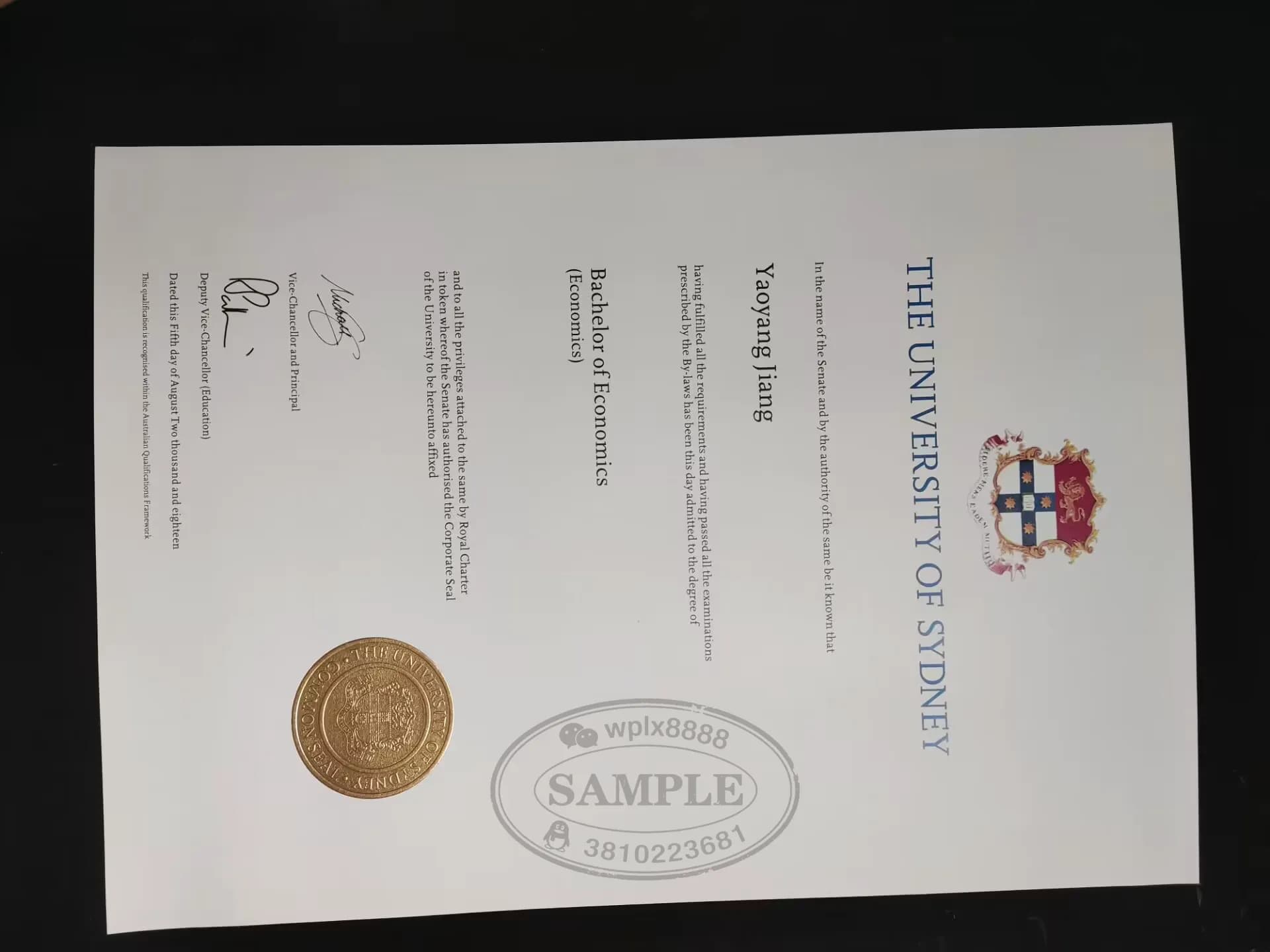 澳大利亚悉尼大学经济学学士学位证书案例