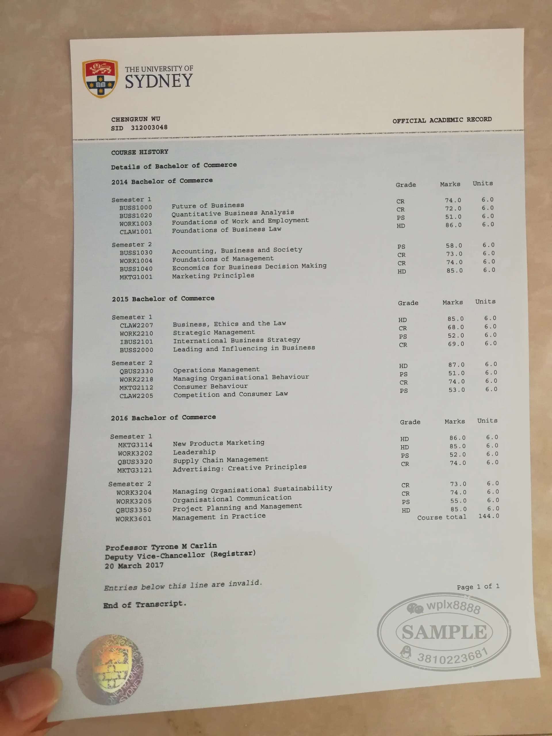 澳洲悉尼大学商学学士官方成绩单样本
