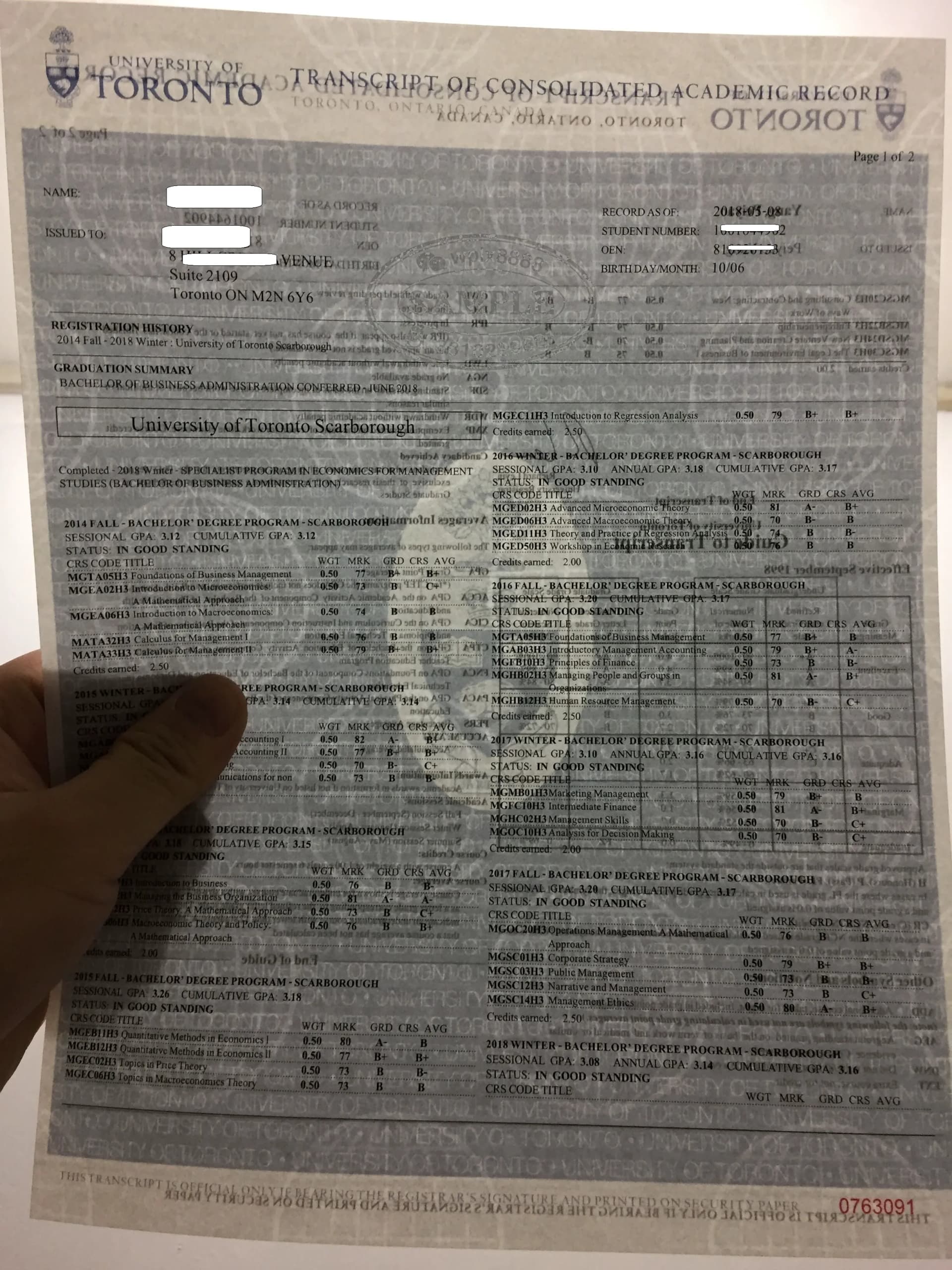 多伦多大学官方成绩单水印样式与样本参考