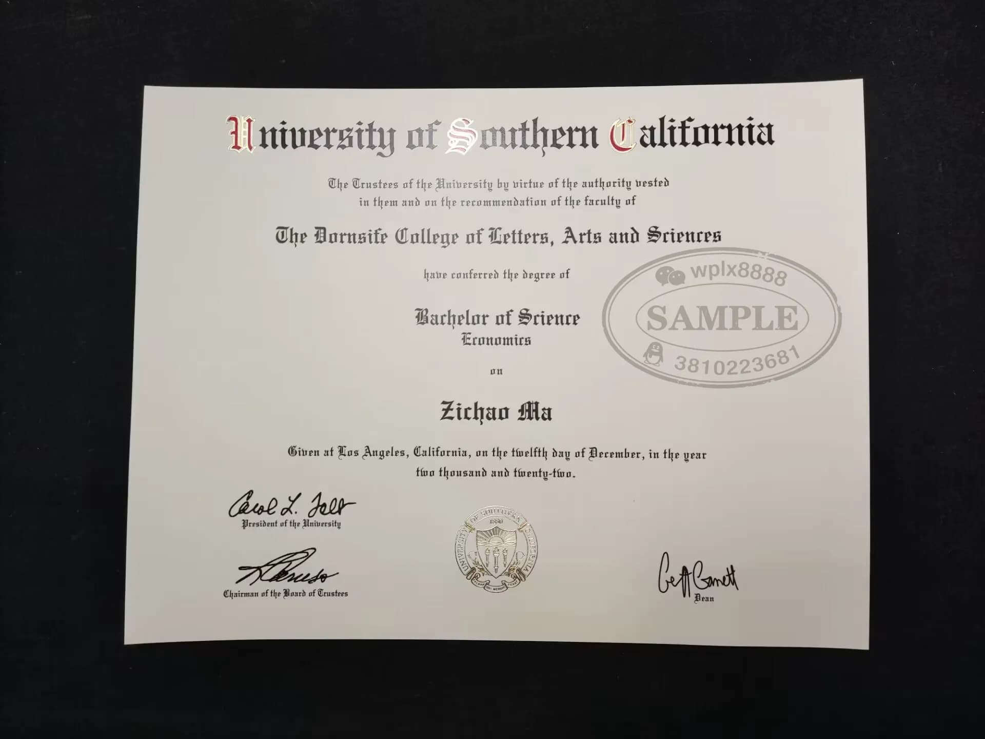 美国南加州大学USC毕业证案例：经济学理学学士学位