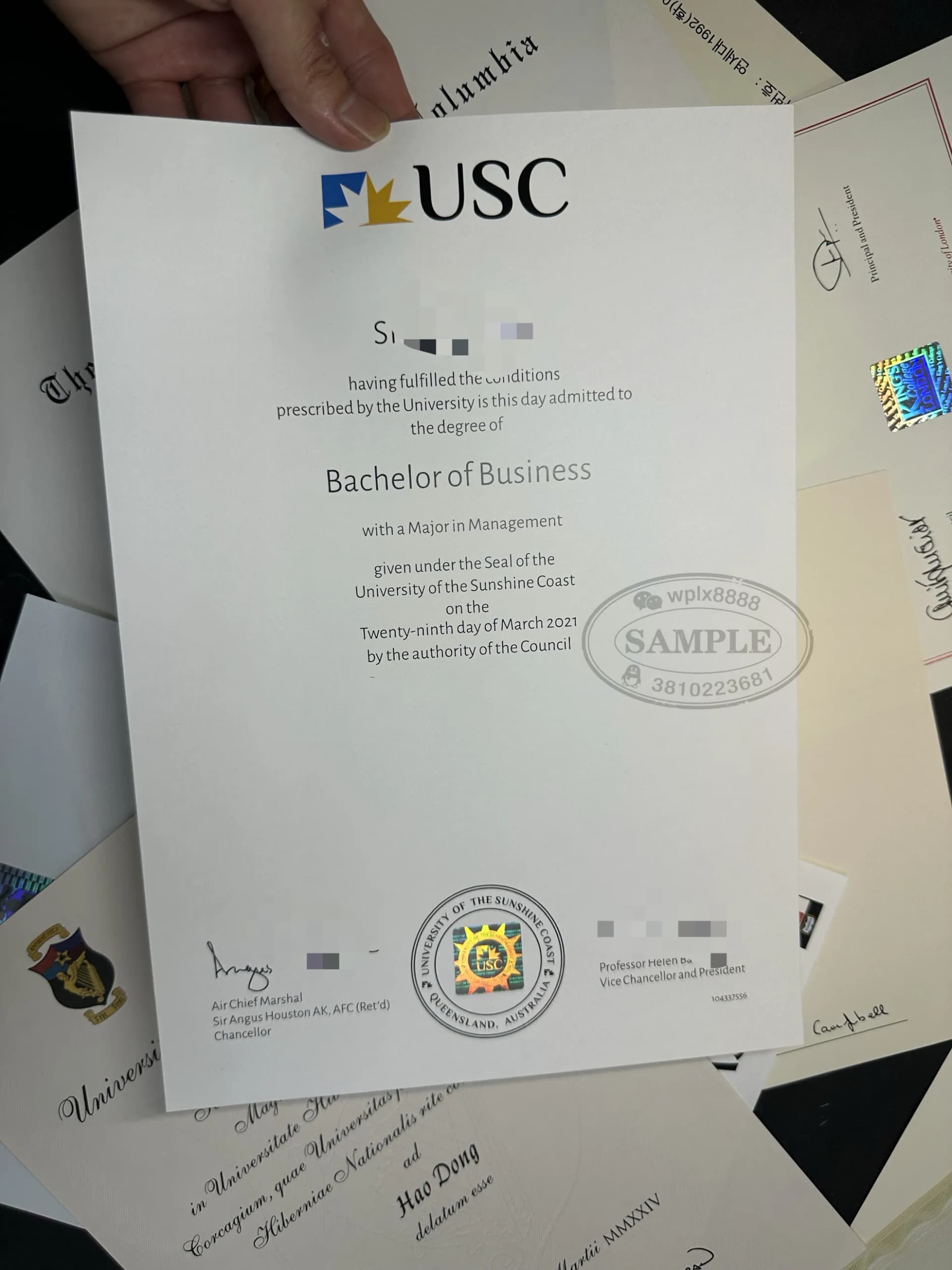 澳大利亚阳光海岸大学工商管理学士学位证样本