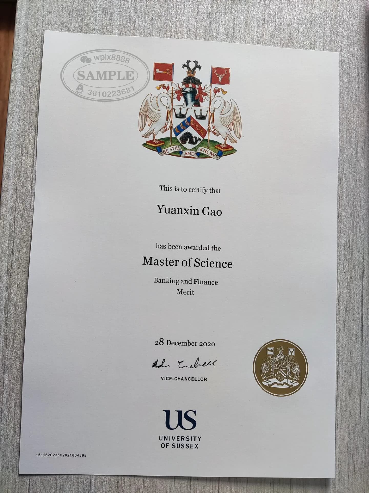 英国萨塞克斯大学银行与金融硕士学位证书样本