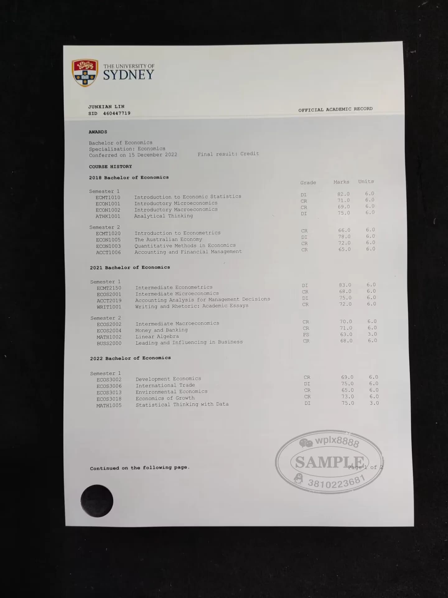 澳大利亚悉尼大学经济学学士成绩单样本