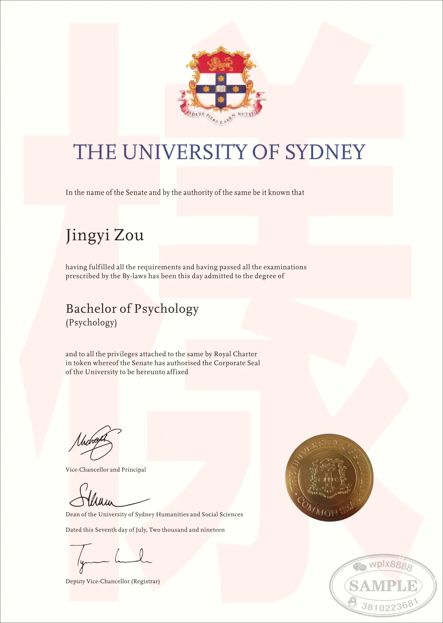 澳大利亚悉尼大学心理学学士学位证书样本