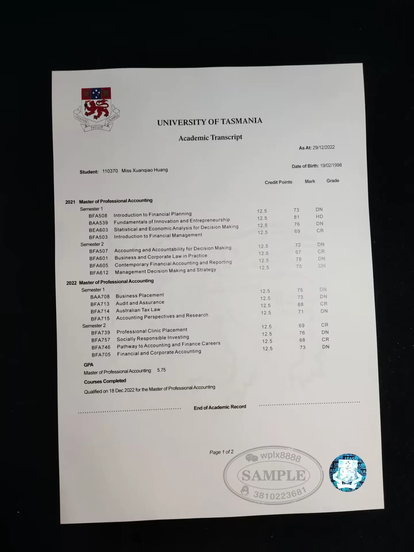 澳洲塔斯马尼亚大学会计硕士成绩单原件样本及学历认证价值说明