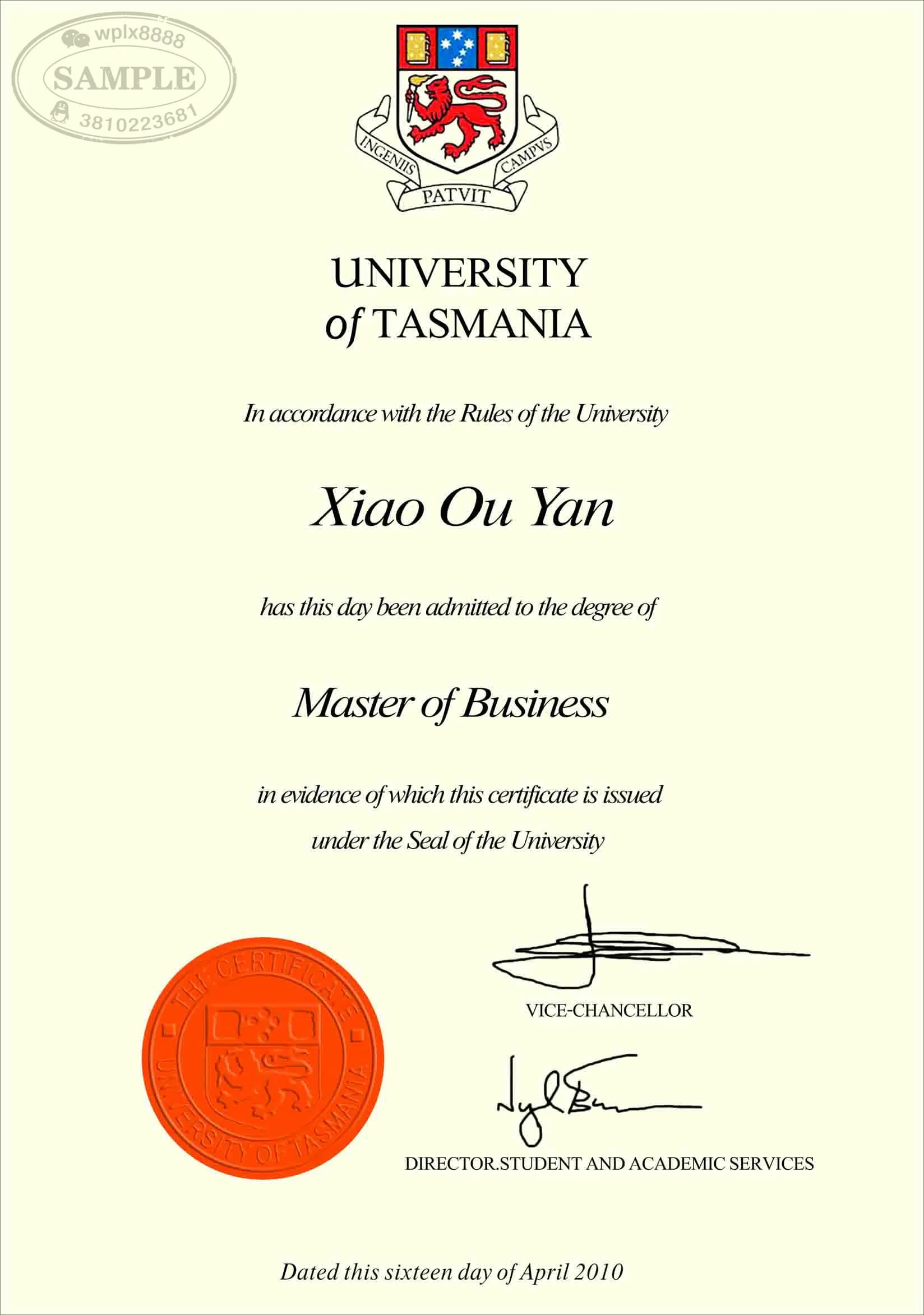 澳洲塔斯马尼亚大学商学硕士学位证毕业证样本