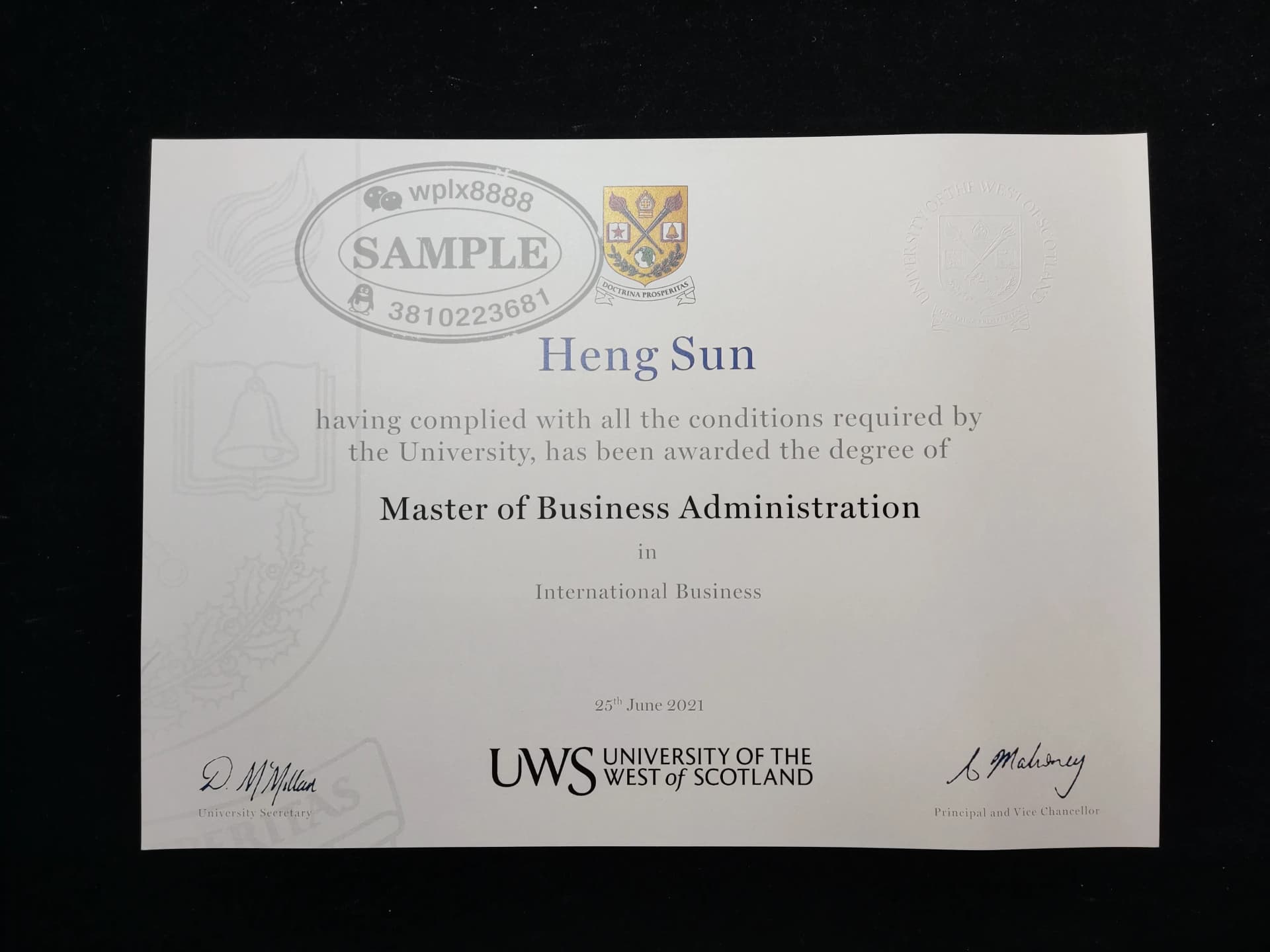 英国西苏格兰大学工商管理硕士MBA毕业证案例