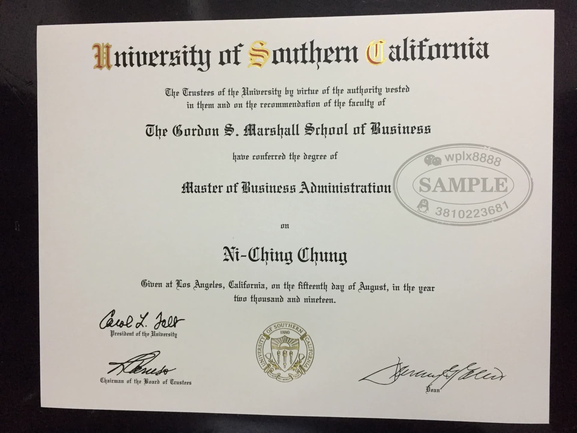 美国南加州大学USC毕业证MBA硕士学位证样本